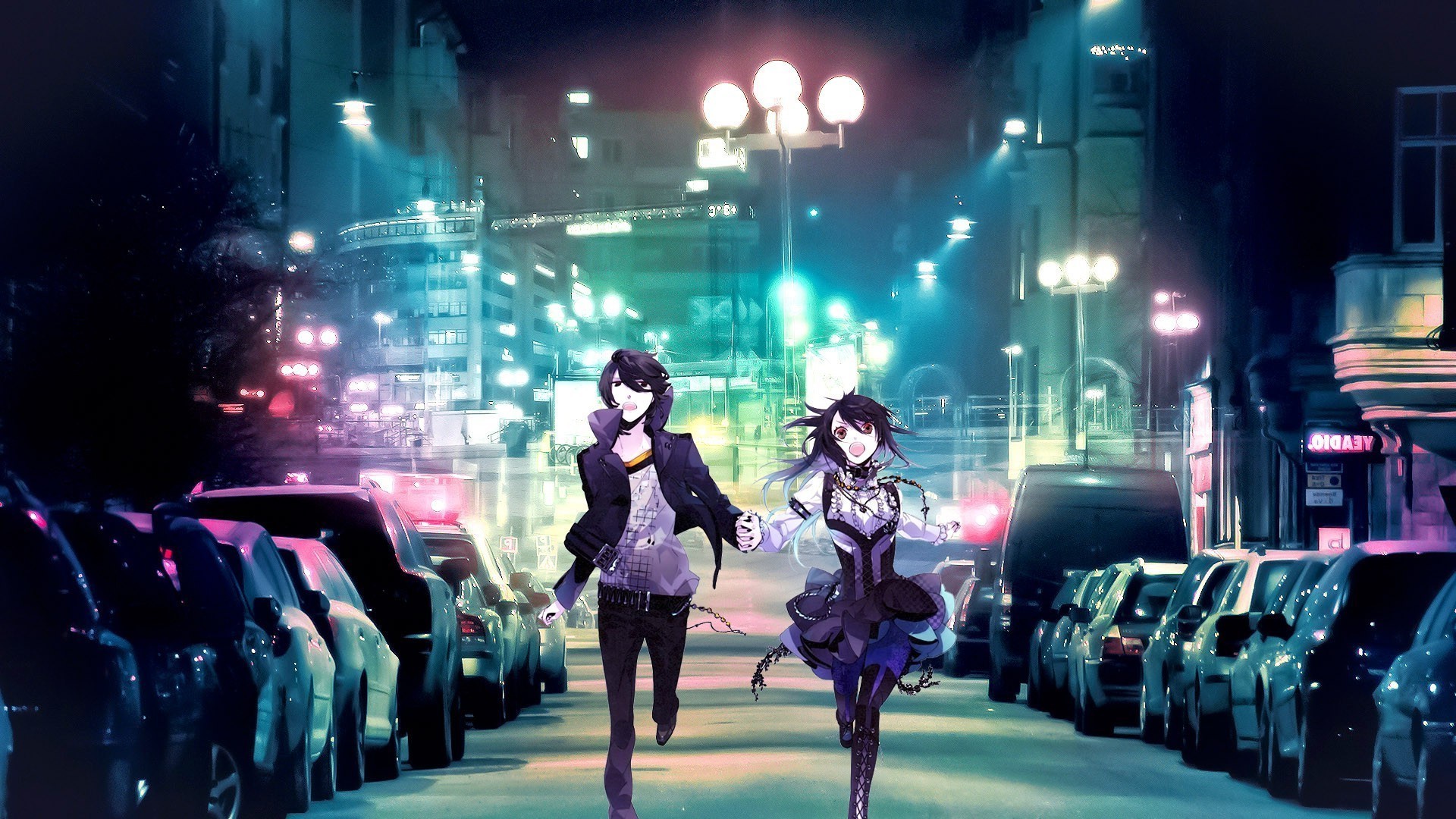 Anime couple running down a city street at night HD Wallpaper