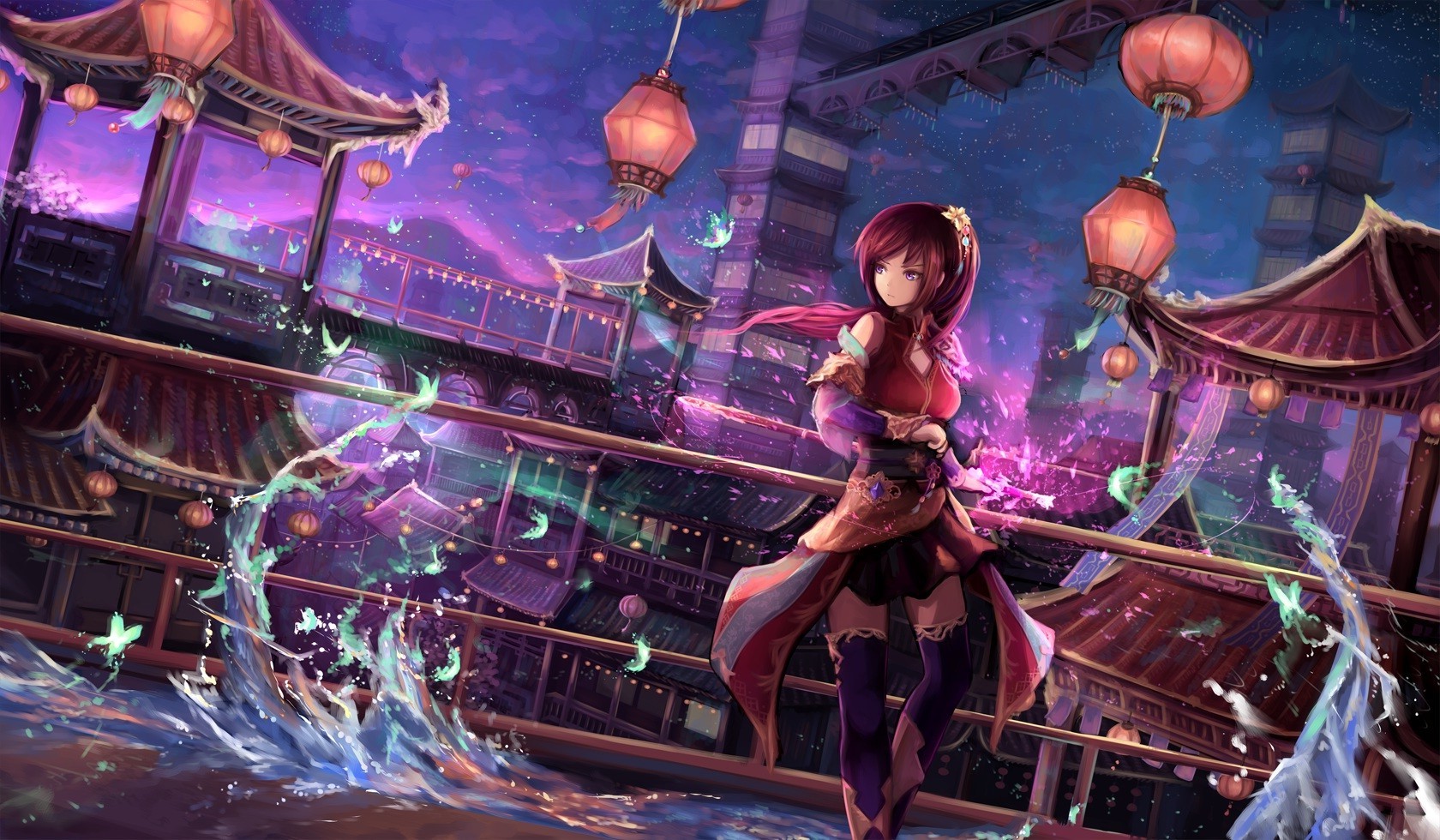 Anime girl with red hair in a fantasy city at night HD Wallpaper