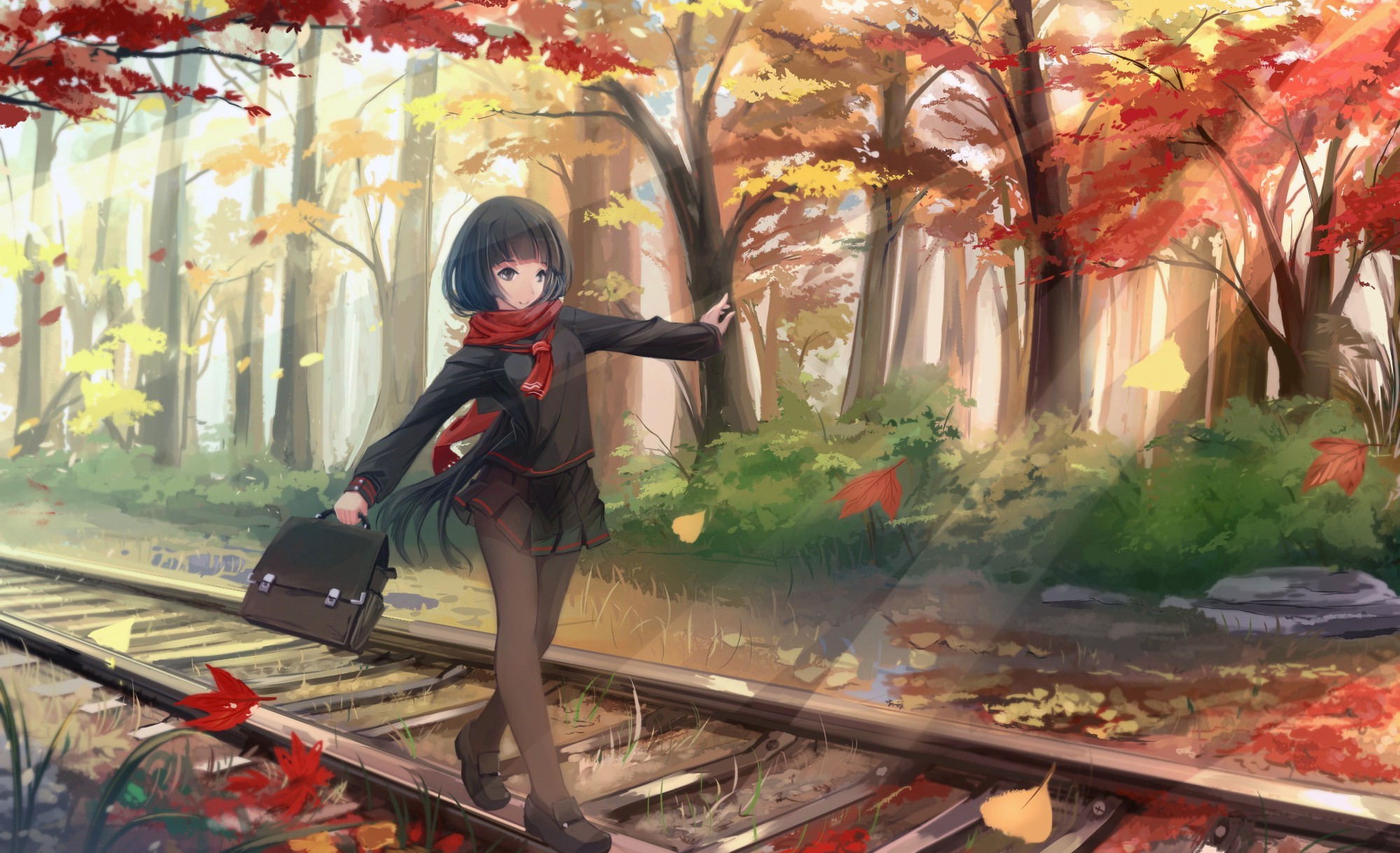 Anime girl with black hair and red scarf walking on train tracks in fall forest HD Wallpaper