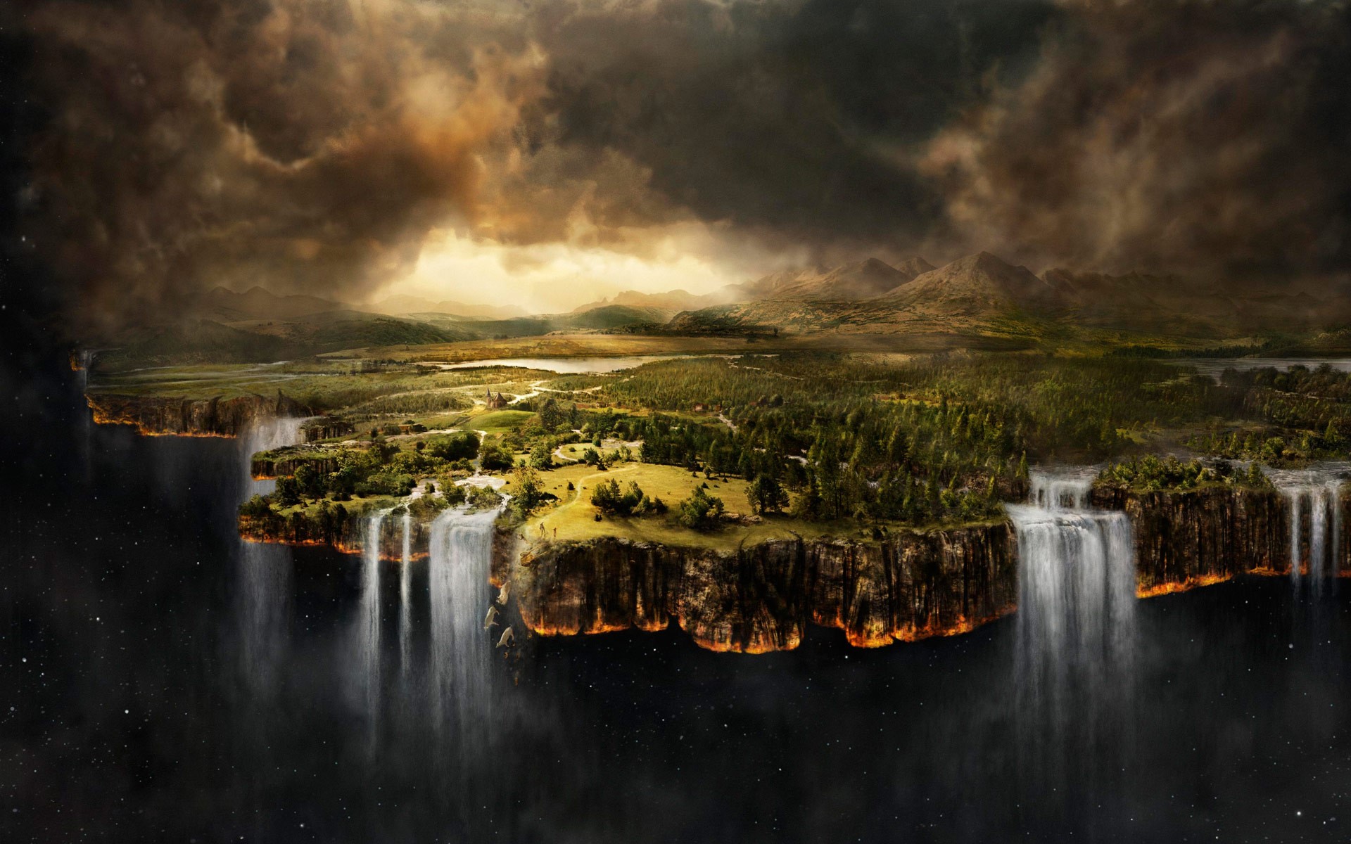 Floating islands with waterfalls in space HD Wallpaper