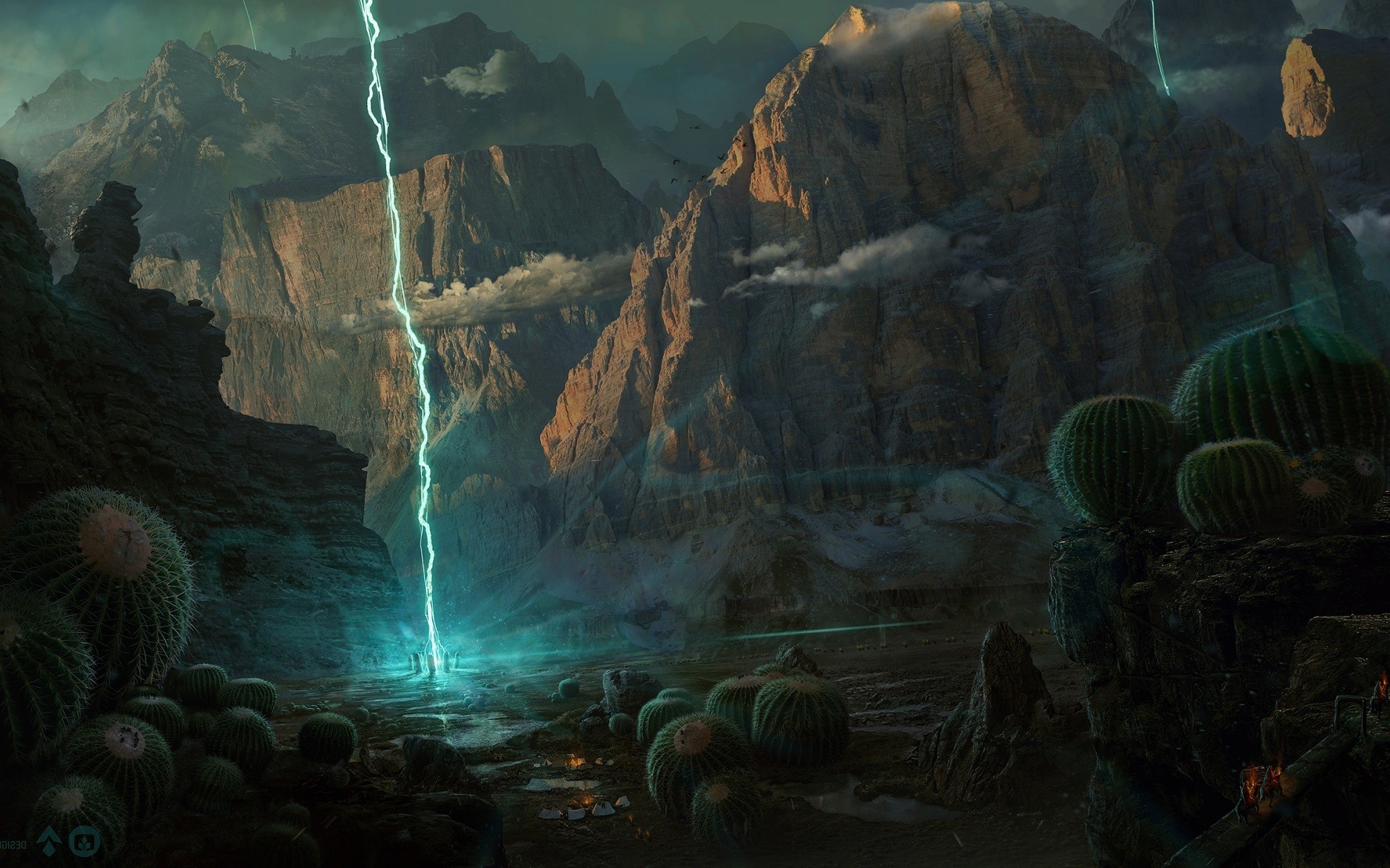 Fantasy landscape with lightning and cacti HD Wallpaper