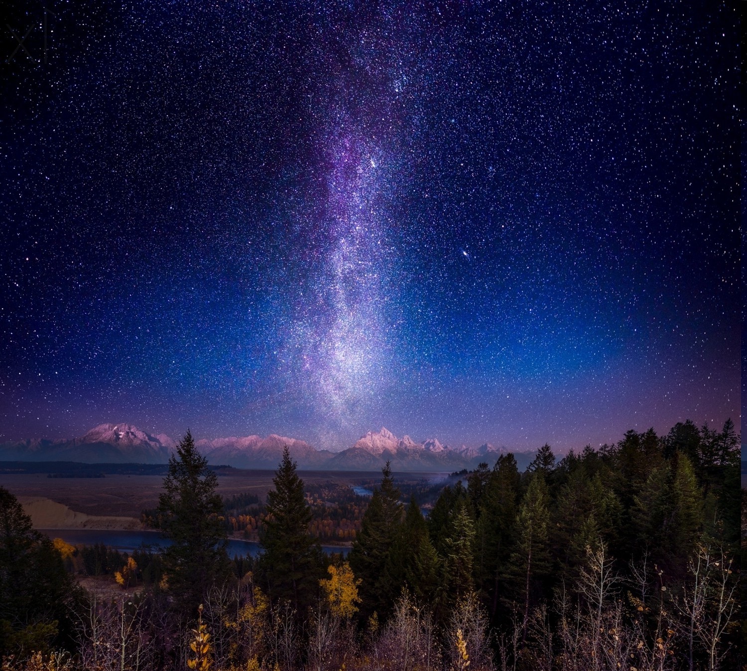 Milky Way over snowy mountains and forest HD Wallpaper