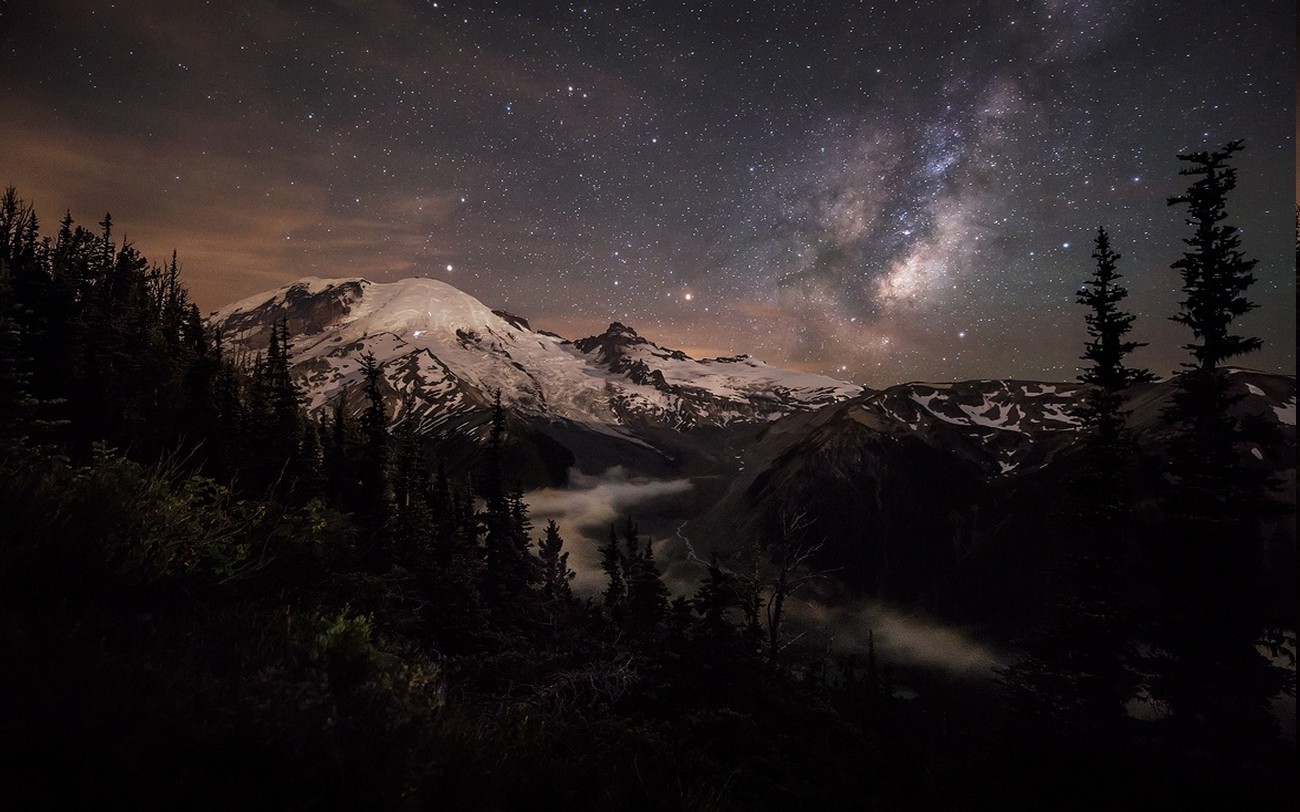 Starry Night Over Mount Rainier with Milky Way HD Wallpaper