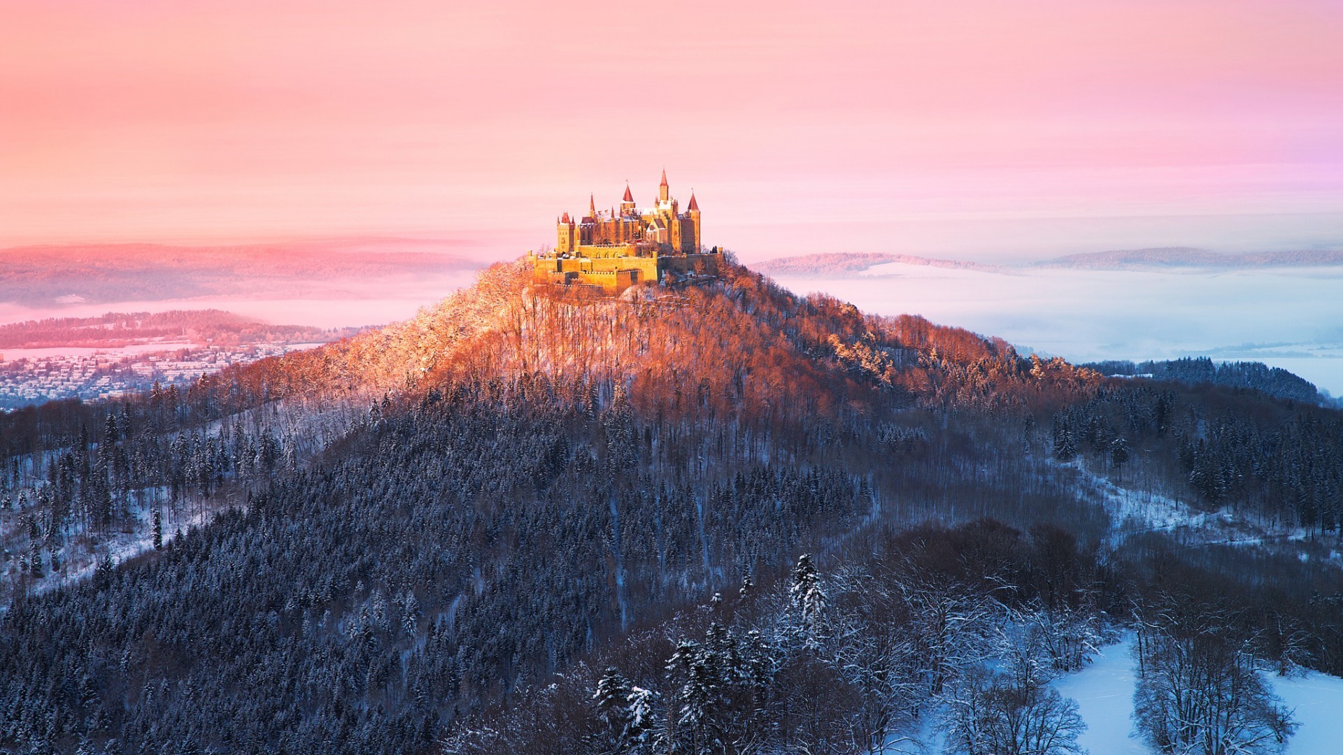 Hohenzollern Castle in Germany during winter sunset HD Wallpaper
