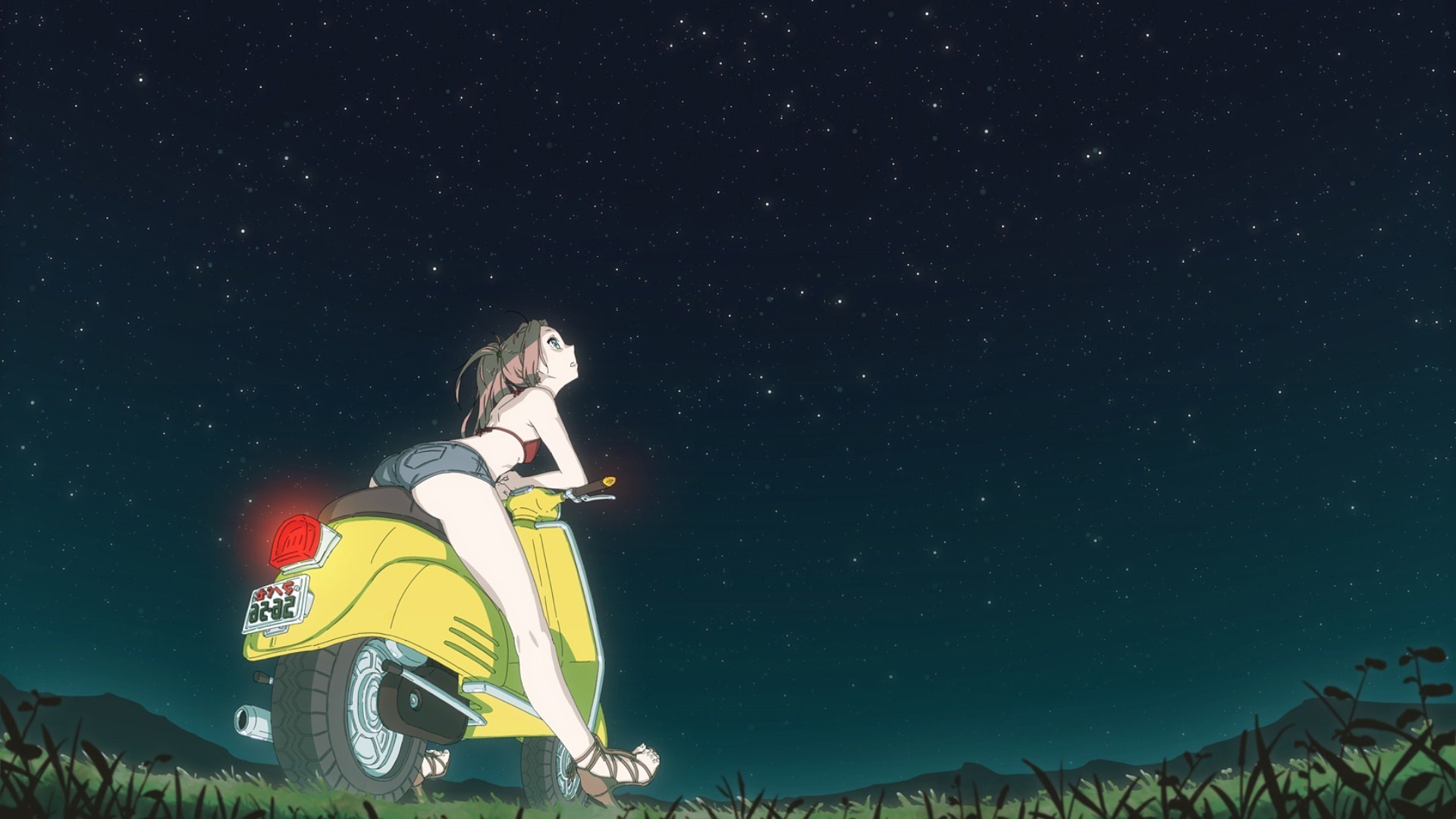 Haruko Haruhara from FLCL on a scooter under the stars HD Wallpaper