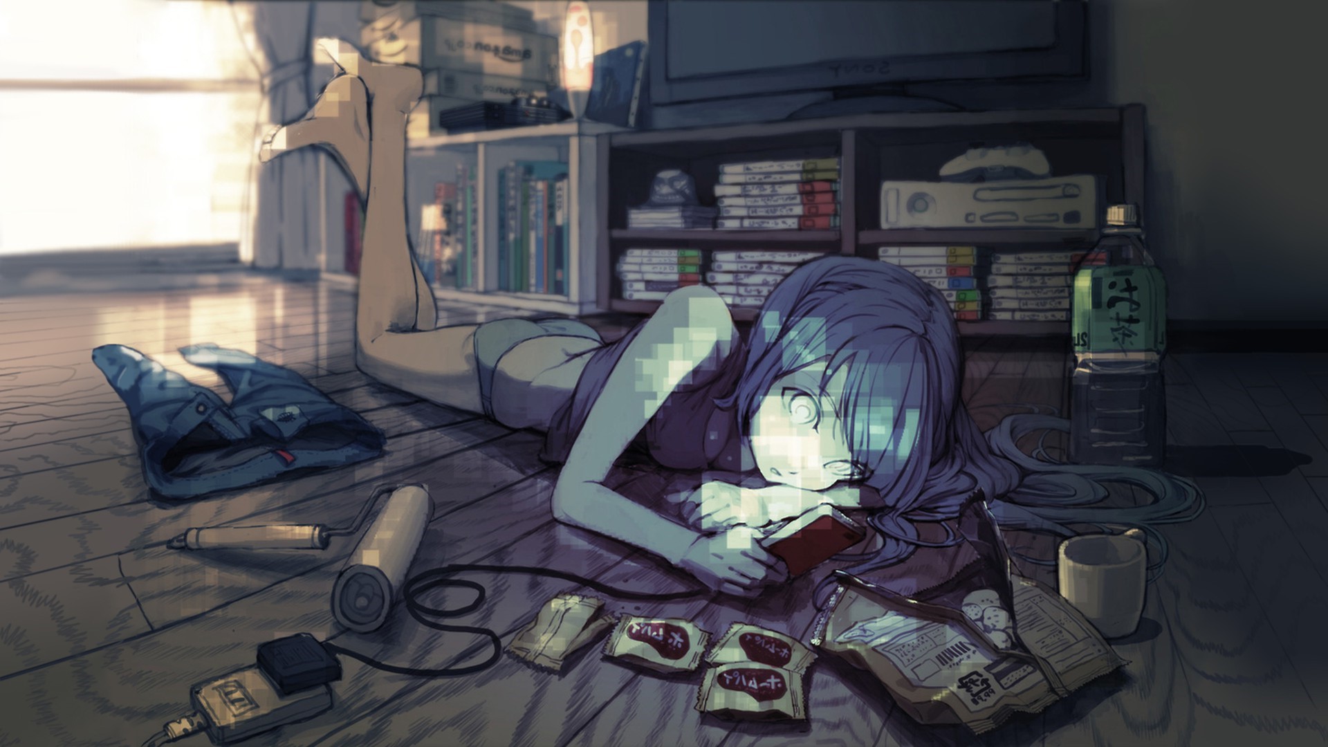 Anime girl lying on the floor with snacks and electronics HD Wallpaper