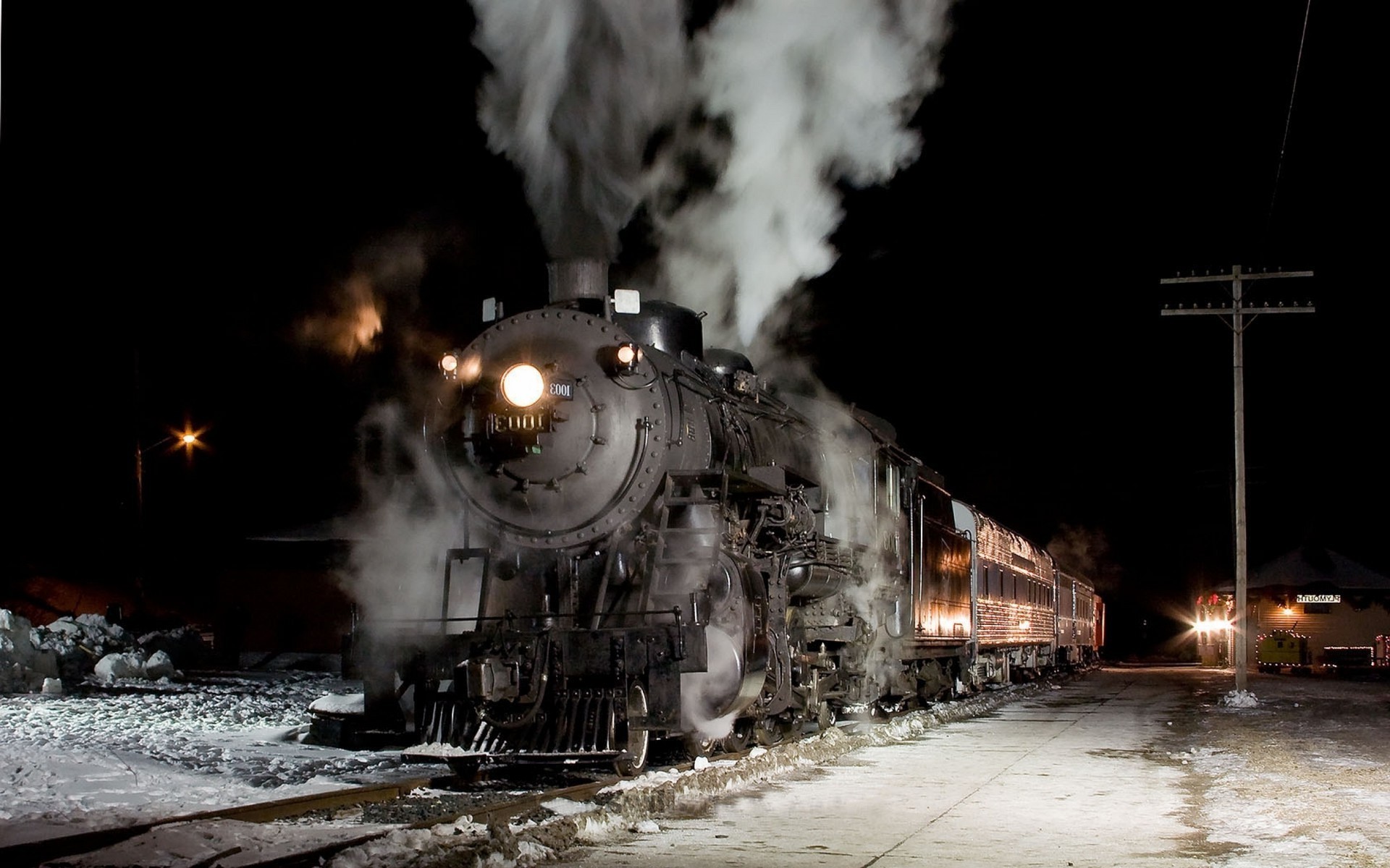 Vintage steam locomotive at night in winter HD Wallpaper