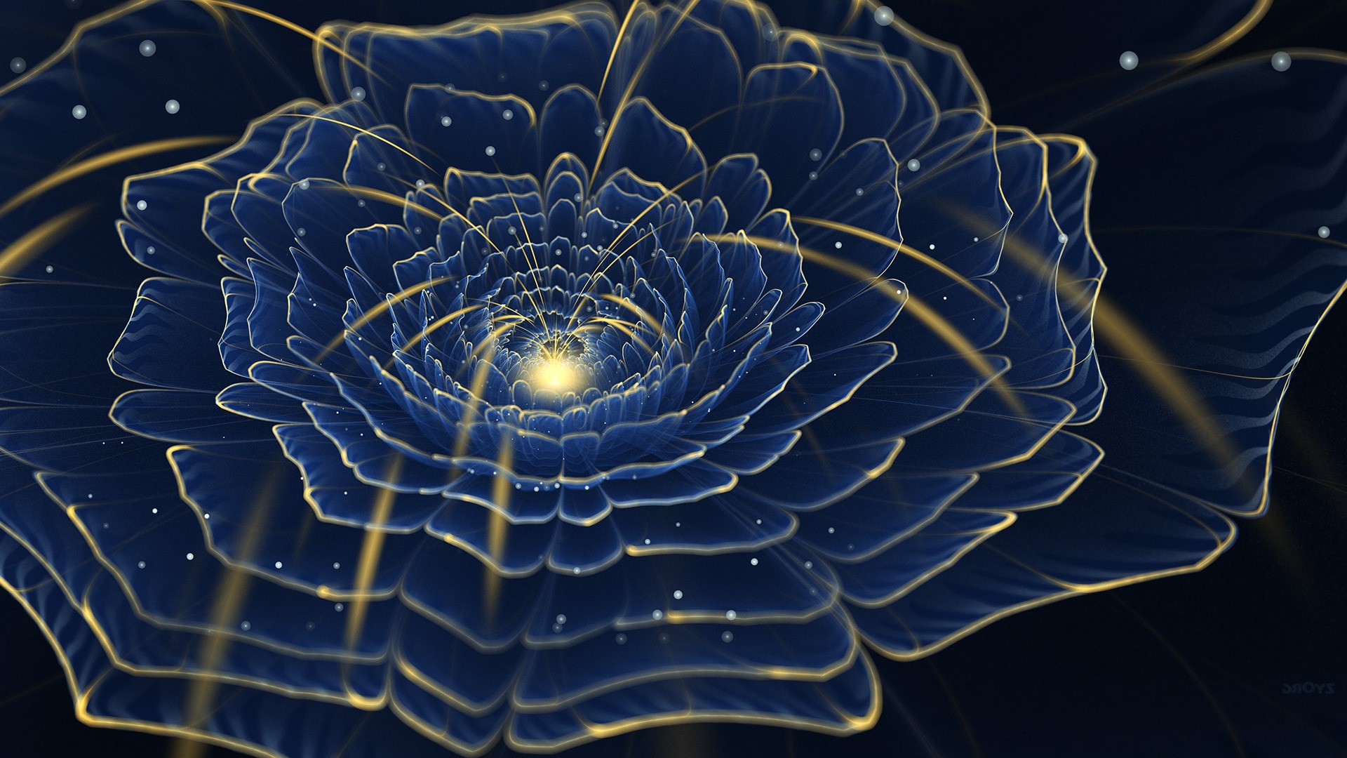 Abstract blue fractal flower with golden light HD Wallpaper