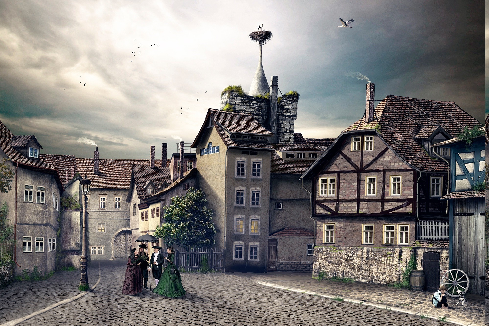 Vintage German cityscape with people and stork nest HD Wallpaper