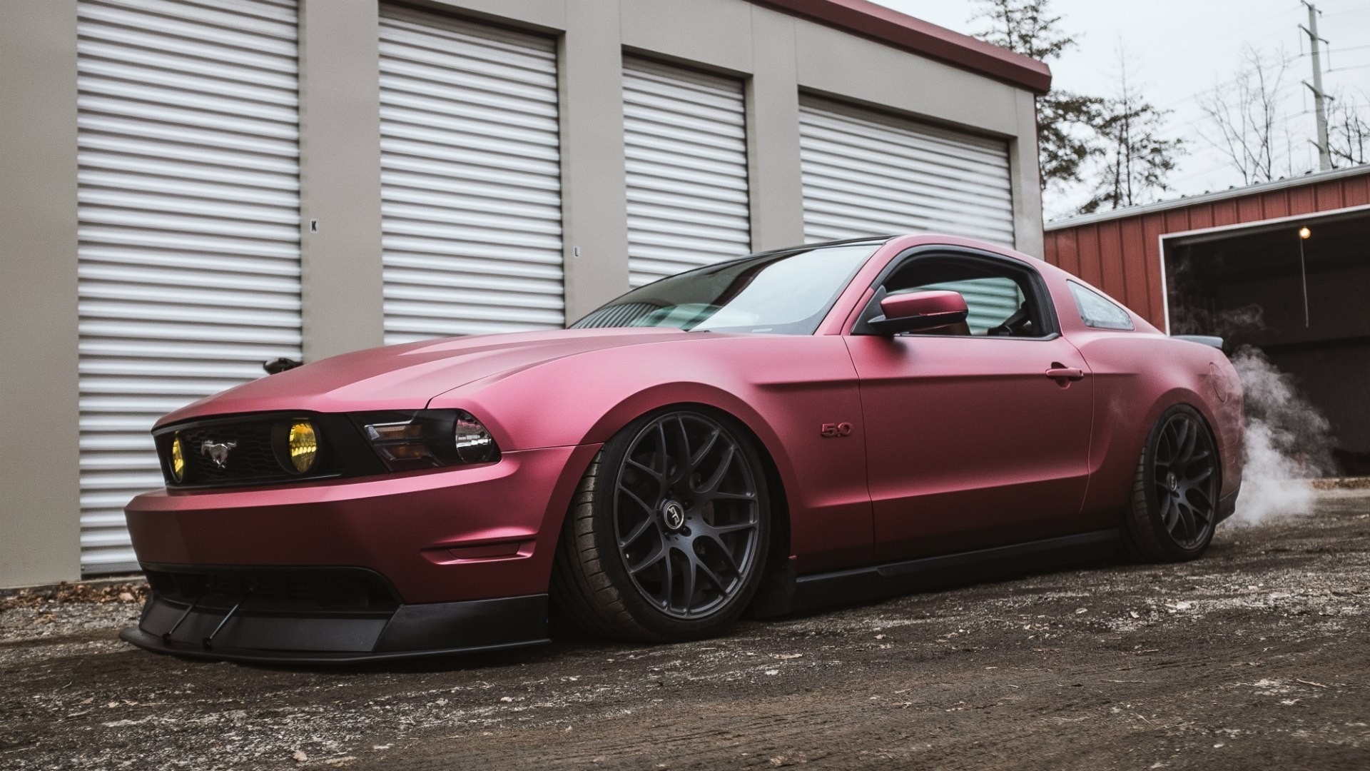 Matte Red Ford Mustang with Smoke HD Wallpaper