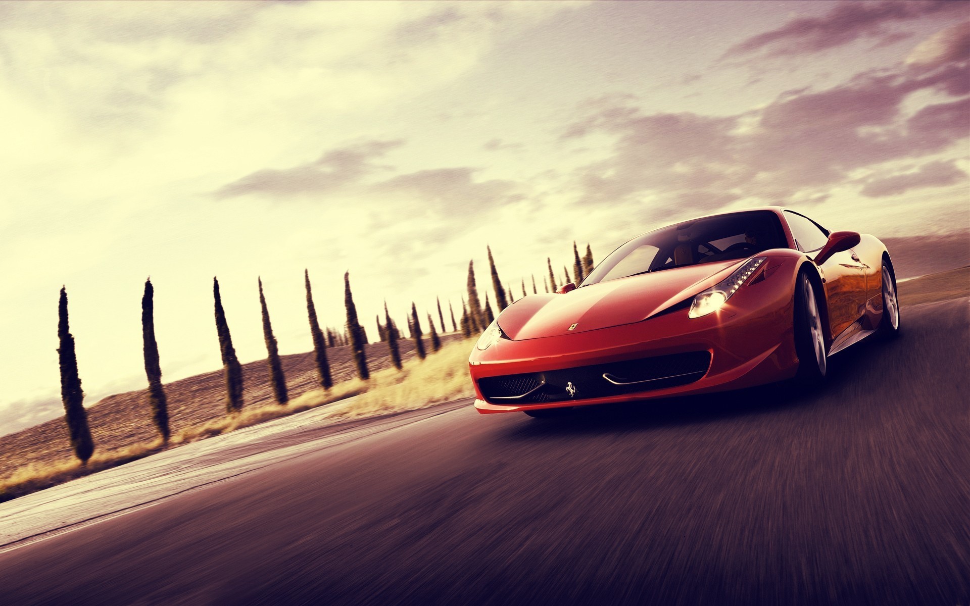 Red Ferrari driving on a road with cypress trees HD Wallpaper