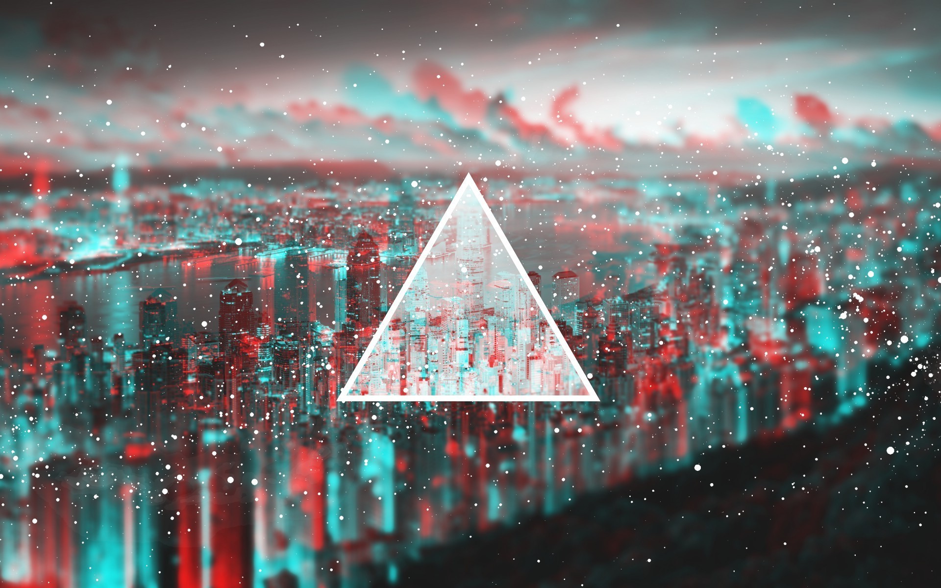 3D Anaglyph Cityscape with Triangle Overlay HD Wallpaper