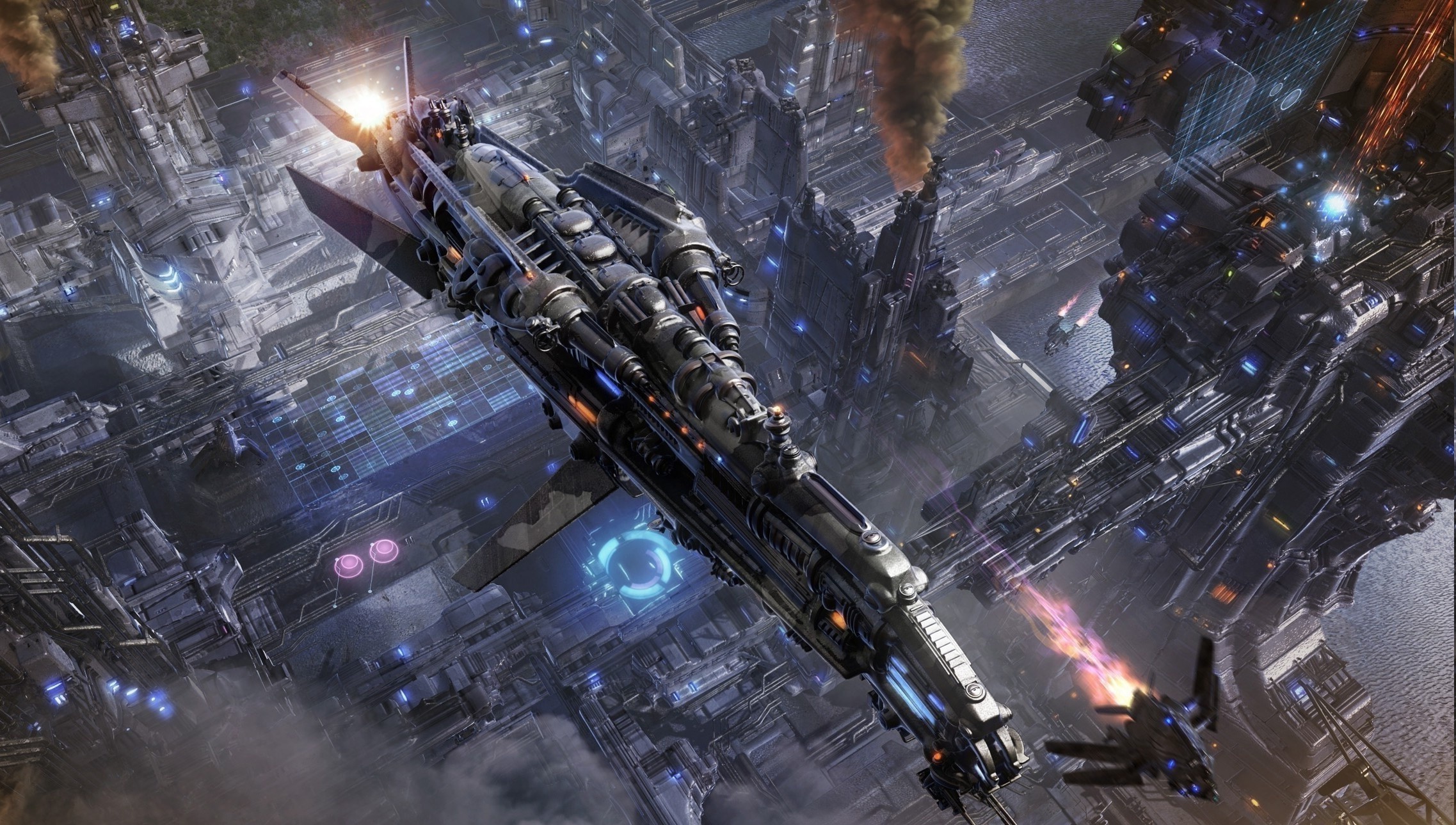 Futuristic spaceship flying over a complex city HD Wallpaper