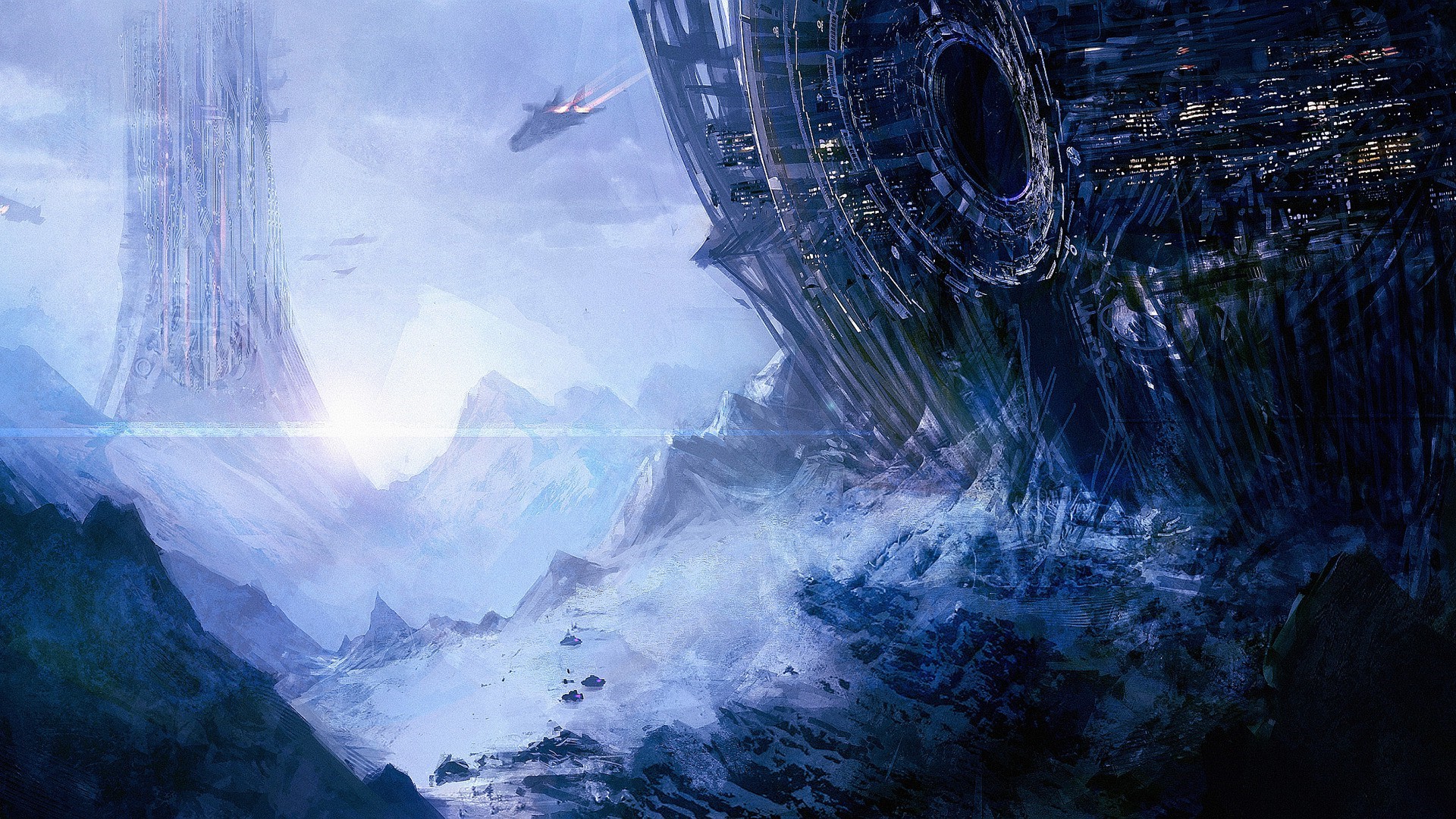 Sci-fi landscape with futuristic towers and spaceships HD Wallpaper