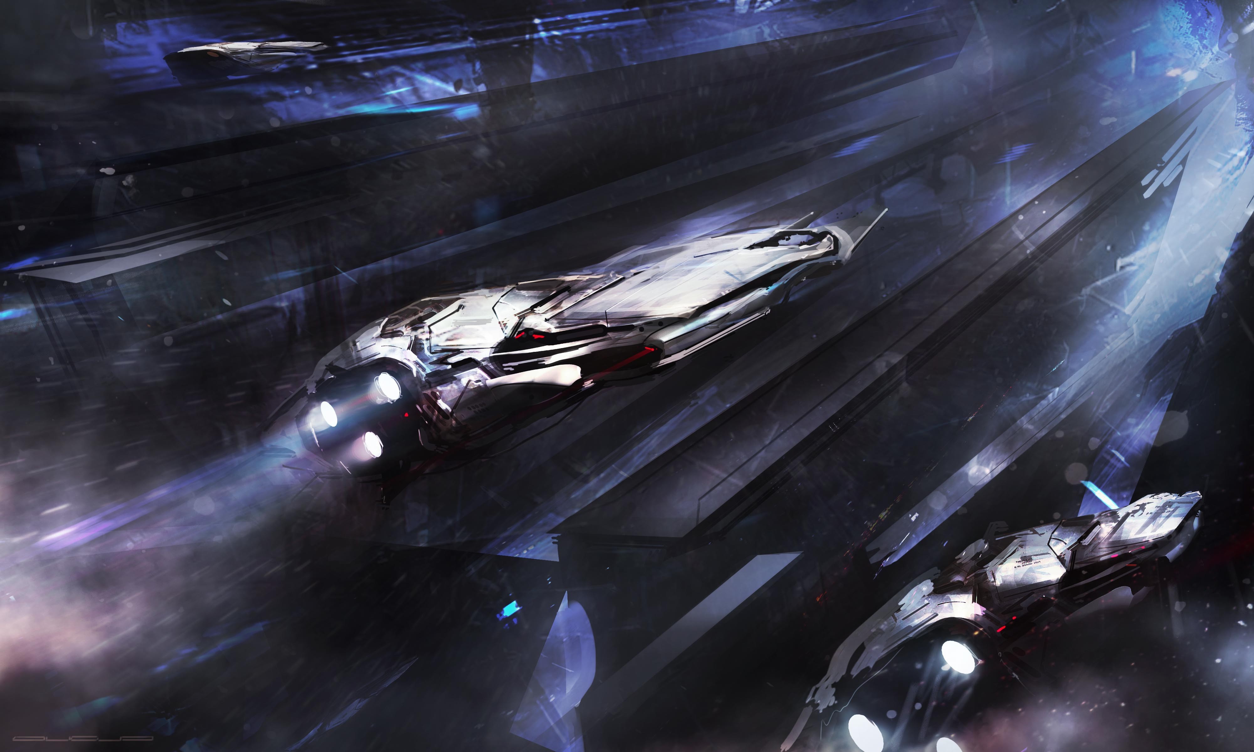 Spaceships in a futuristic tunnel HD Wallpaper