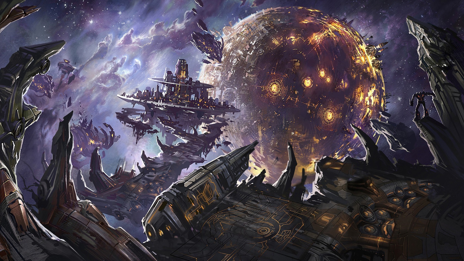 Futuristic space battle with a planet and city HD Wallpaper