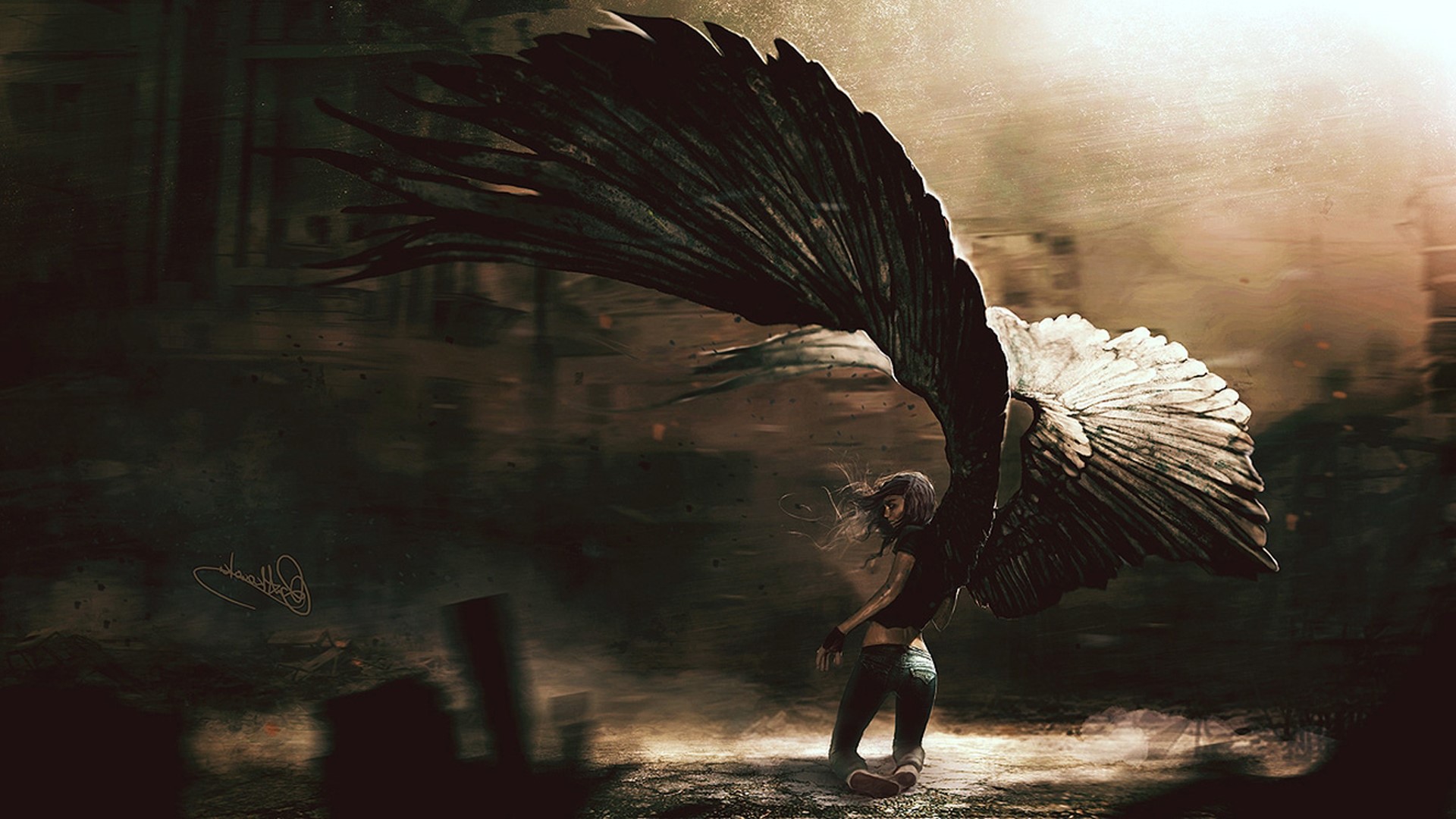 Angel with large dark wings in a desolate environment HD Wallpaper