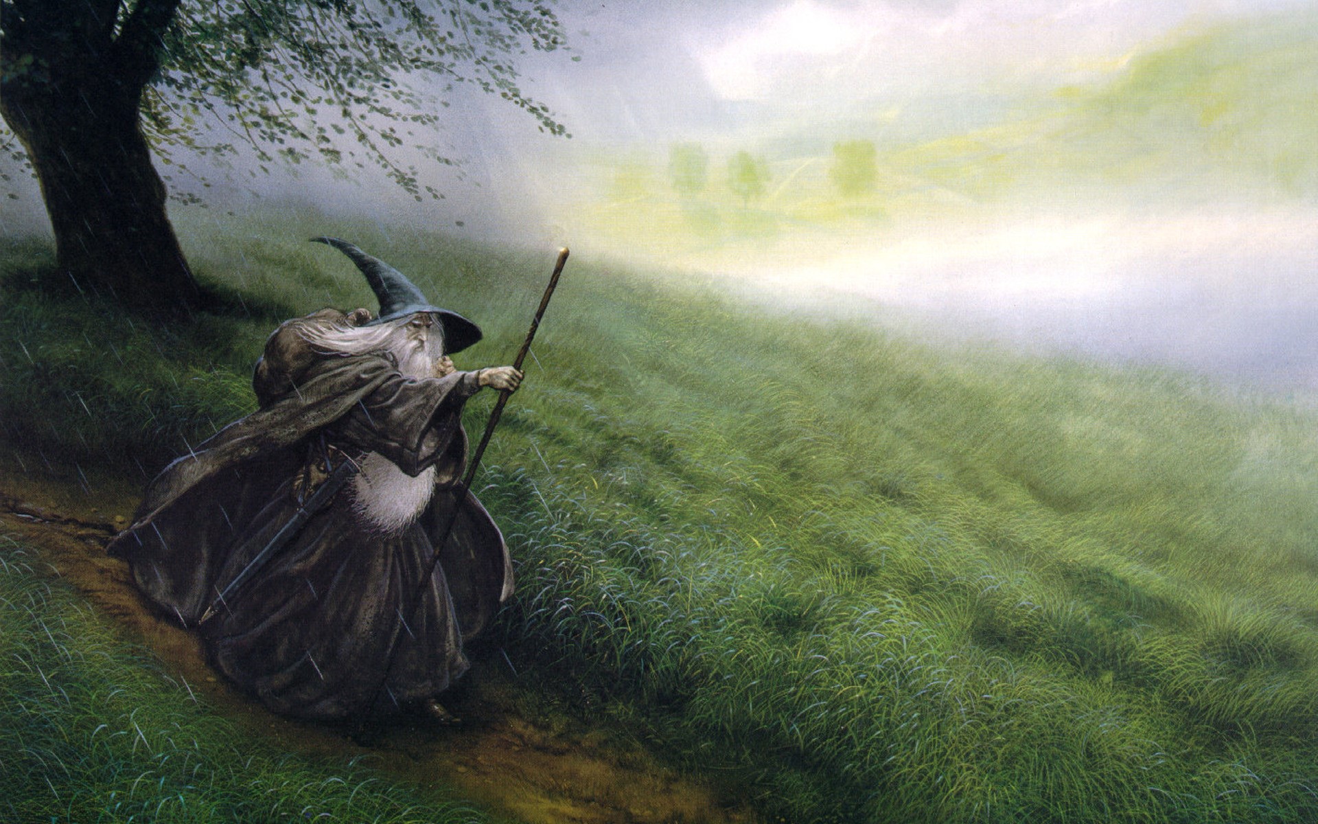 Gandalf the Grey from The Lord of the Rings in the rain HD Wallpaper