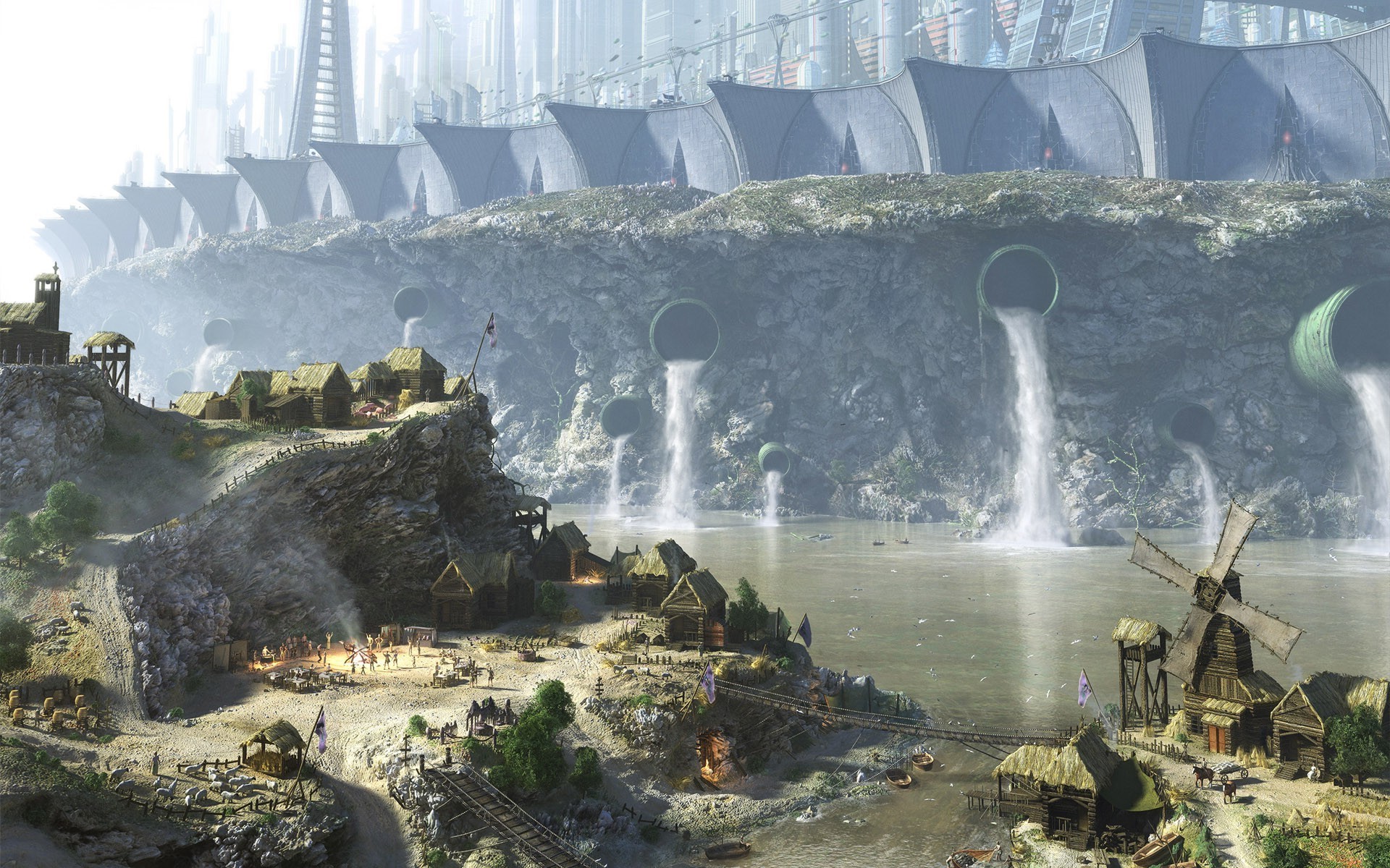 Fantasy village with waterfalls from futuristic city HD Wallpaper