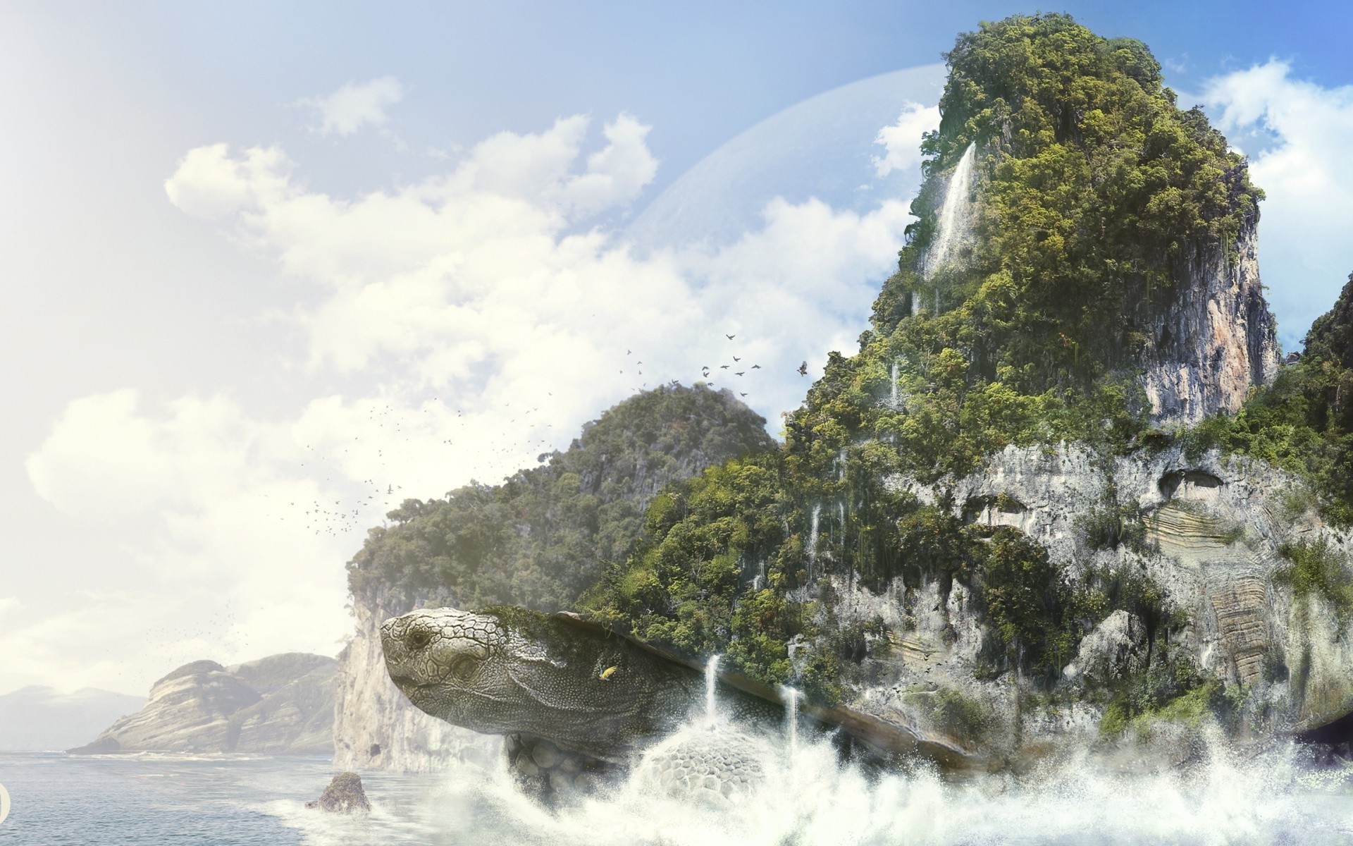 Fantasy art of a turtle island with waterfalls HD Wallpaper