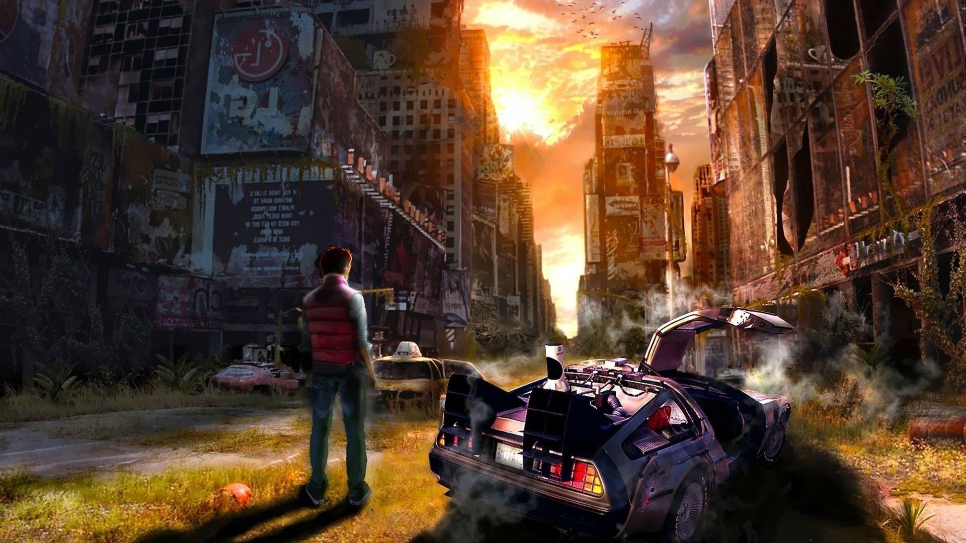 Marty McFly's DeLorean in a post-apocalyptic city HD Wallpaper
