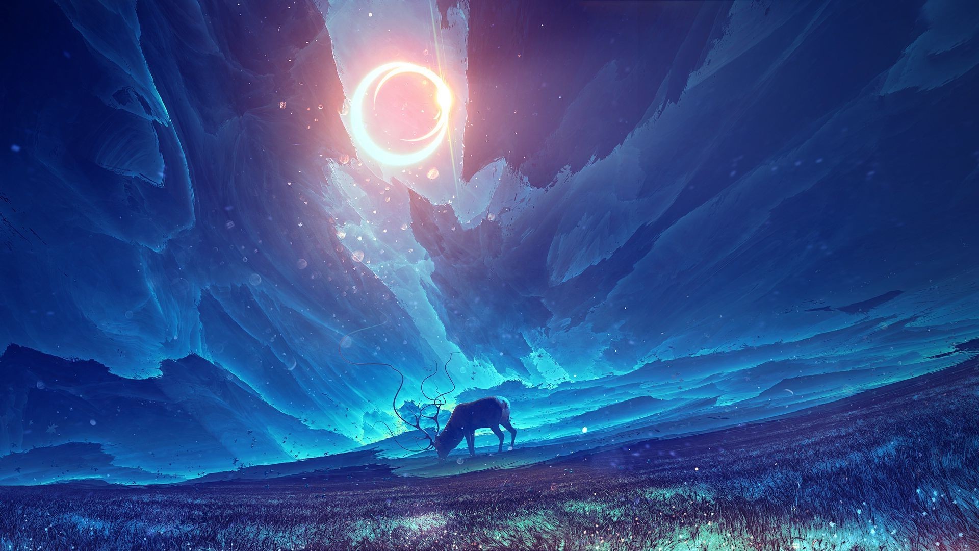 Fantasy art of a deer under a solar eclipse HD Wallpaper