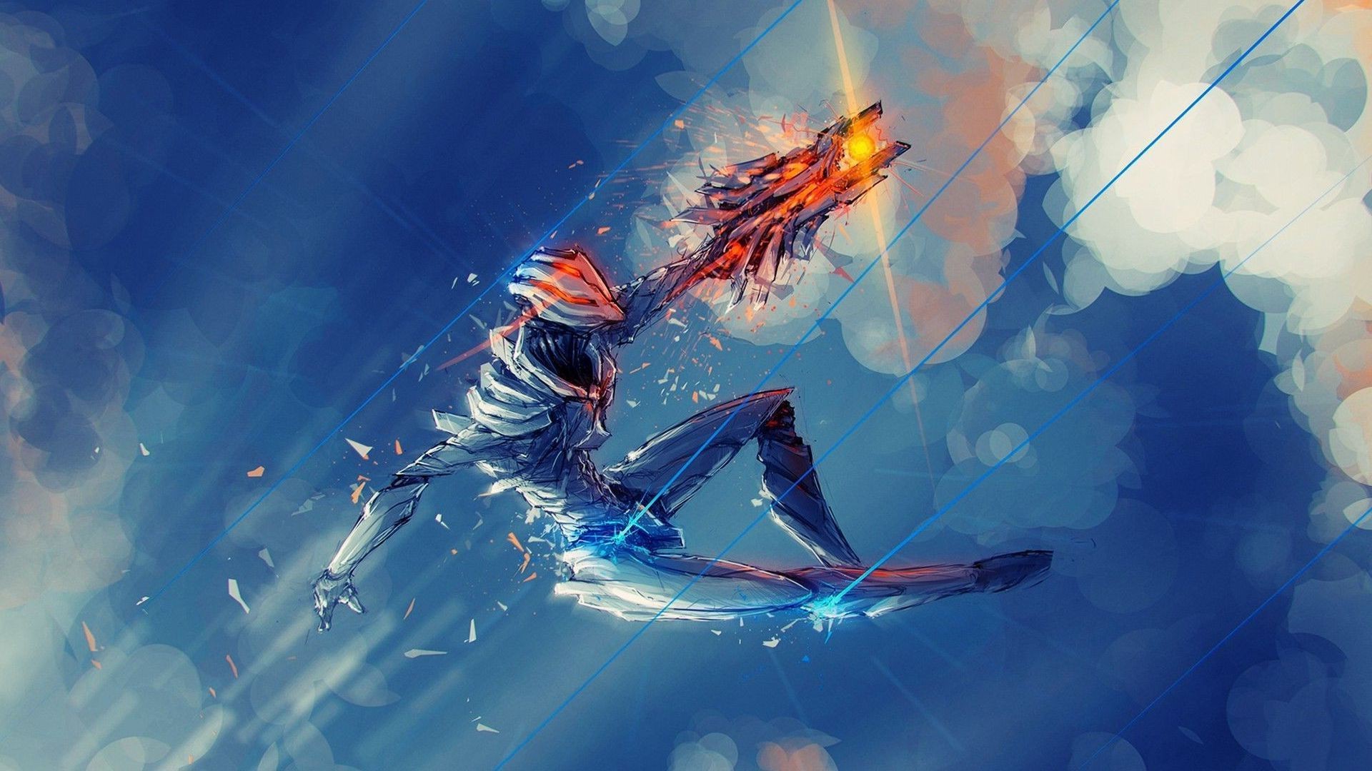 Cyborg warrior with glowing weapon in the sky HD Wallpaper