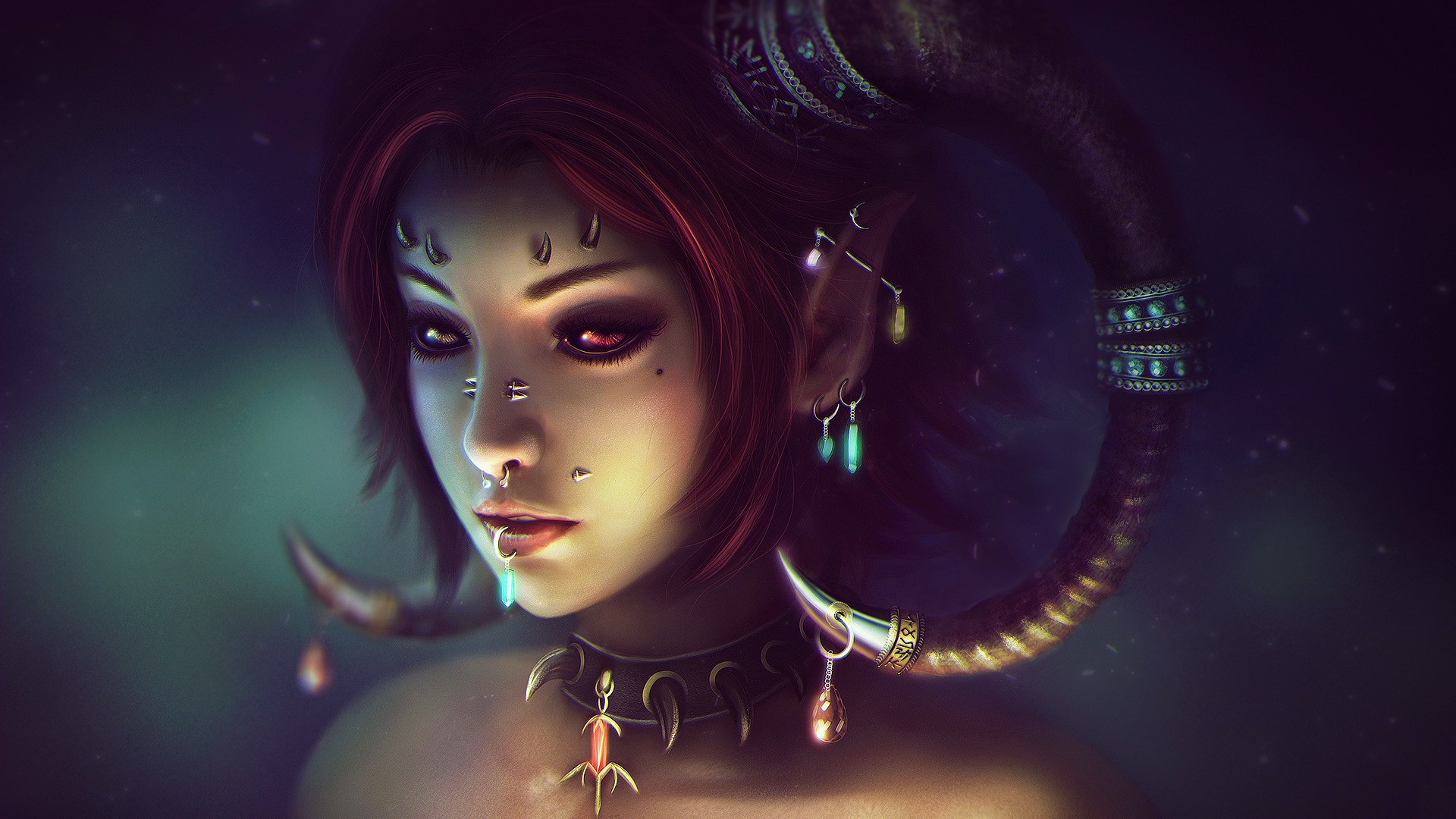Fantasy art painting of a horned woman with piercings HD Wallpaper