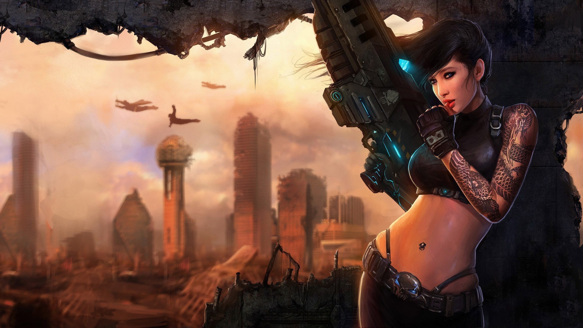 Woman with futuristic gun in ruined city HD Wallpaper