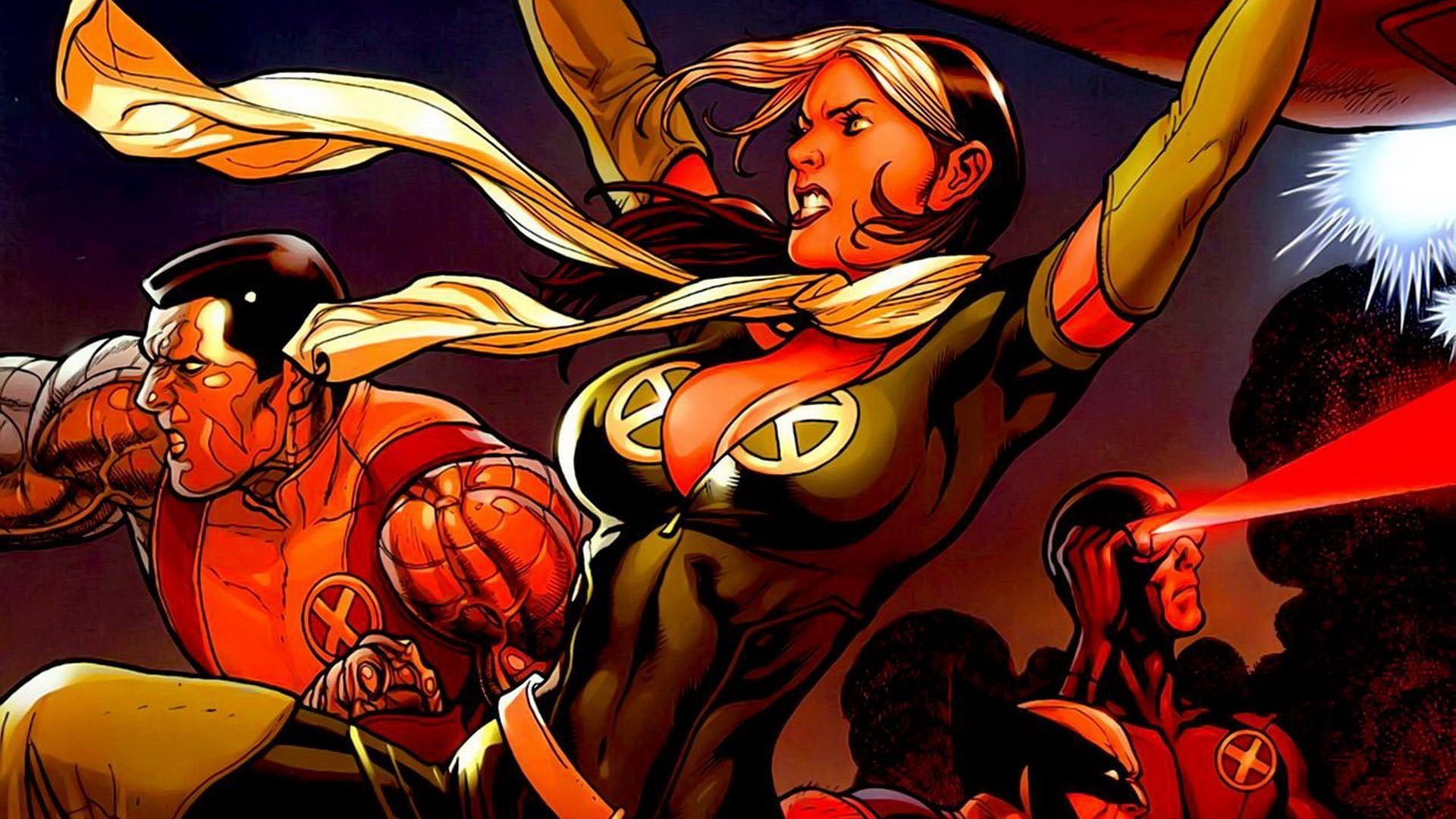 X-Men characters Rogue, Colossus, Cyclops, and Wolverine in battle HD Wallpaper