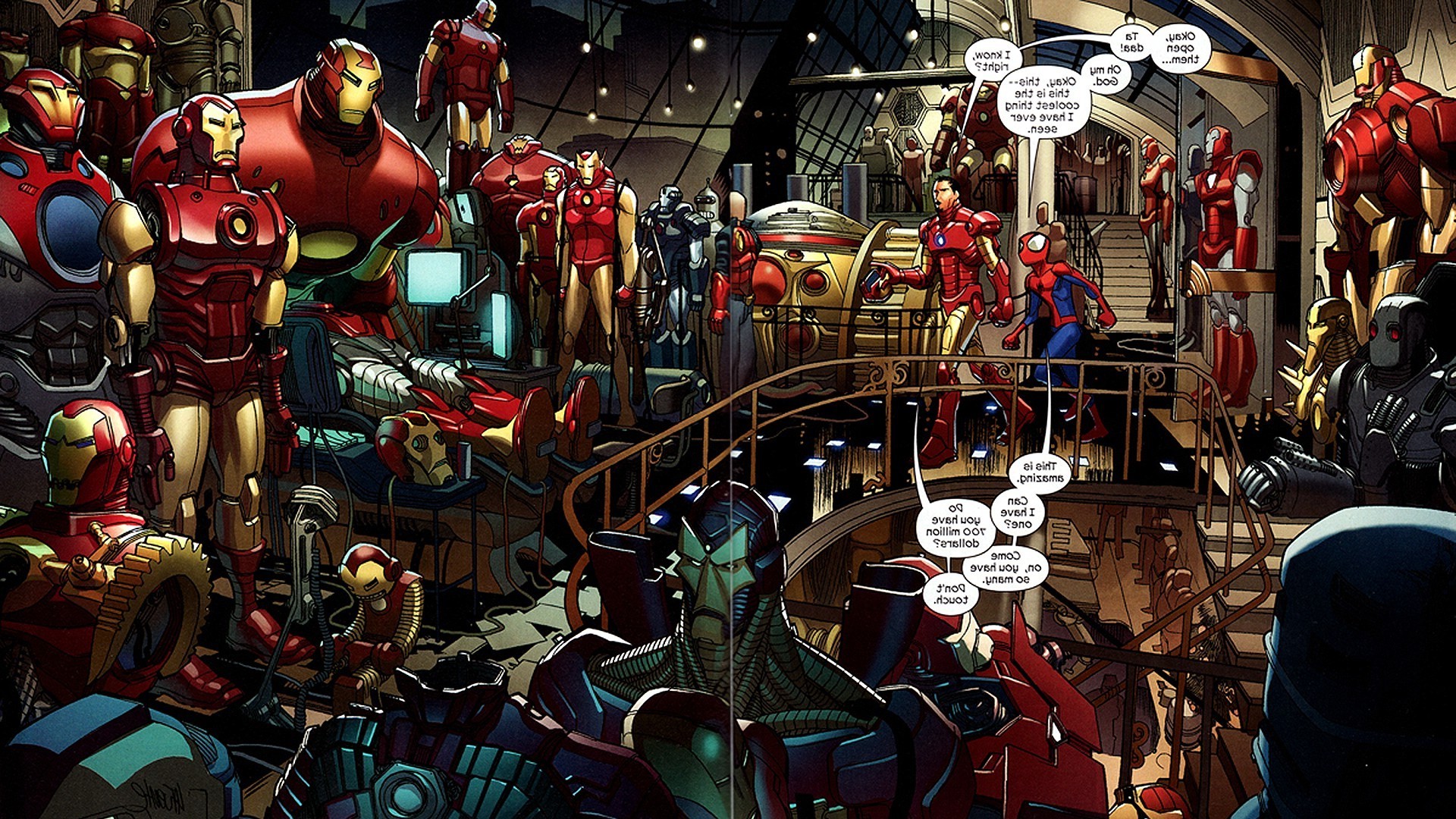 Iron Man suits and Spider-Man in a workshop HD Wallpaper