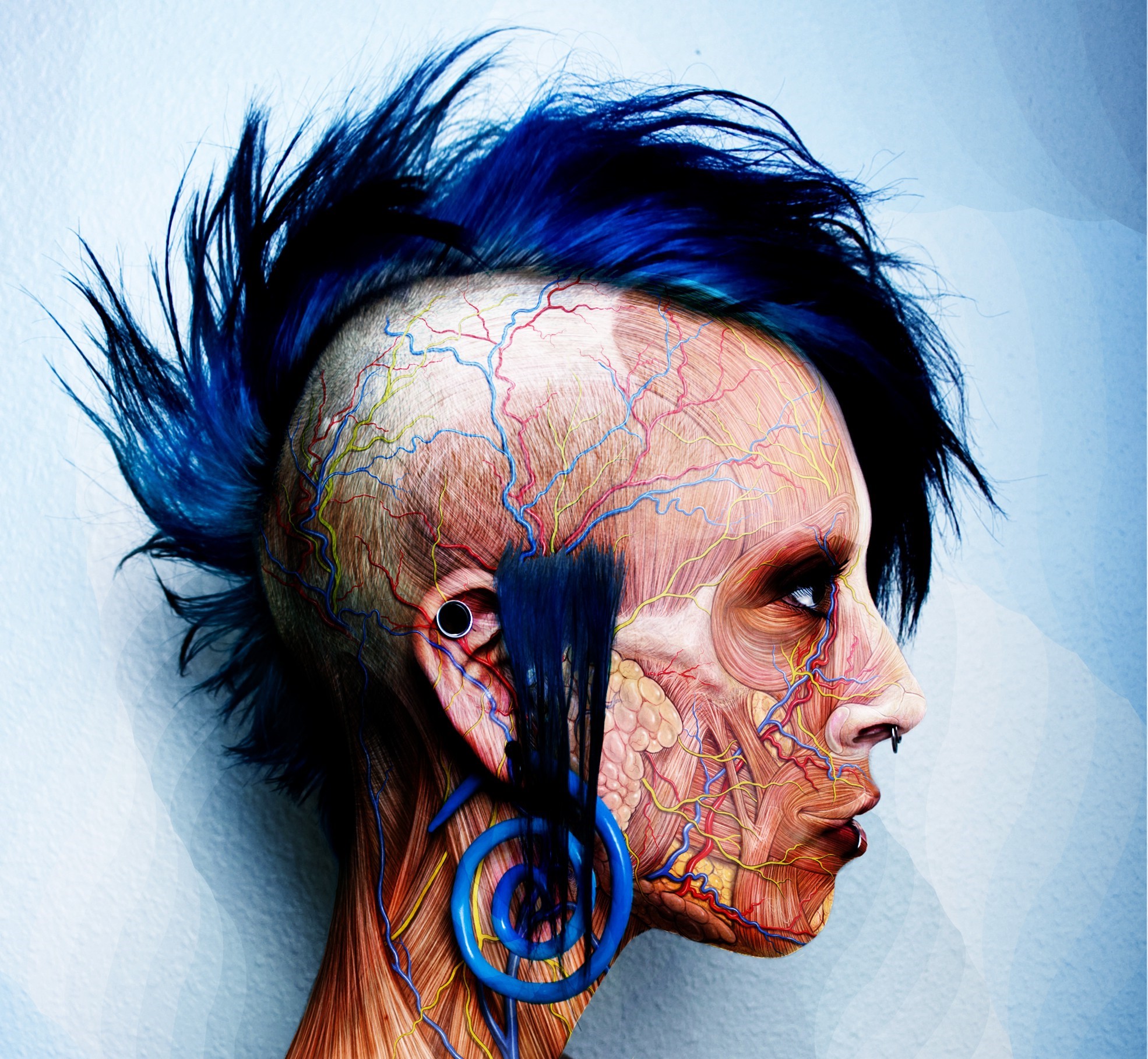 Digital art of a punk woman with blue hair and exposed musculature HD Wallpaper