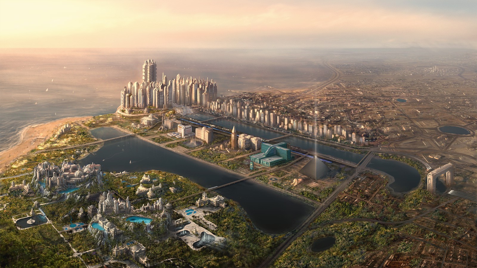 Futuristic coastal cityscape with pyramids and modern architecture HD Wallpaper