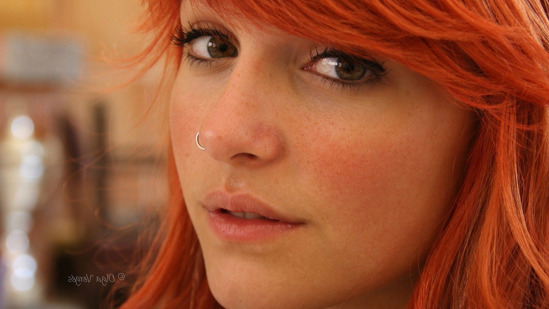 Redhead woman with nose ring close-up HD Wallpaper