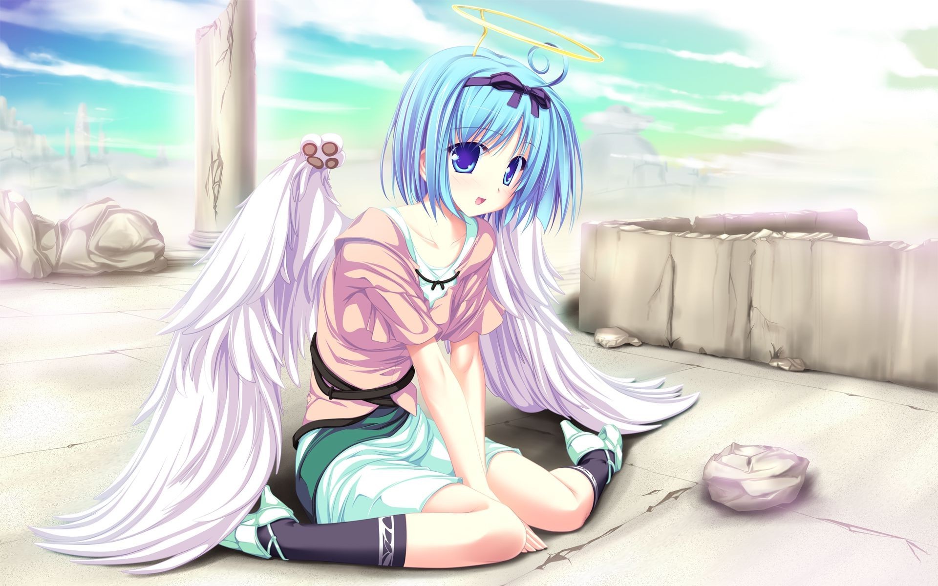 Anime girl with blue hair and angel wings HD Wallpaper