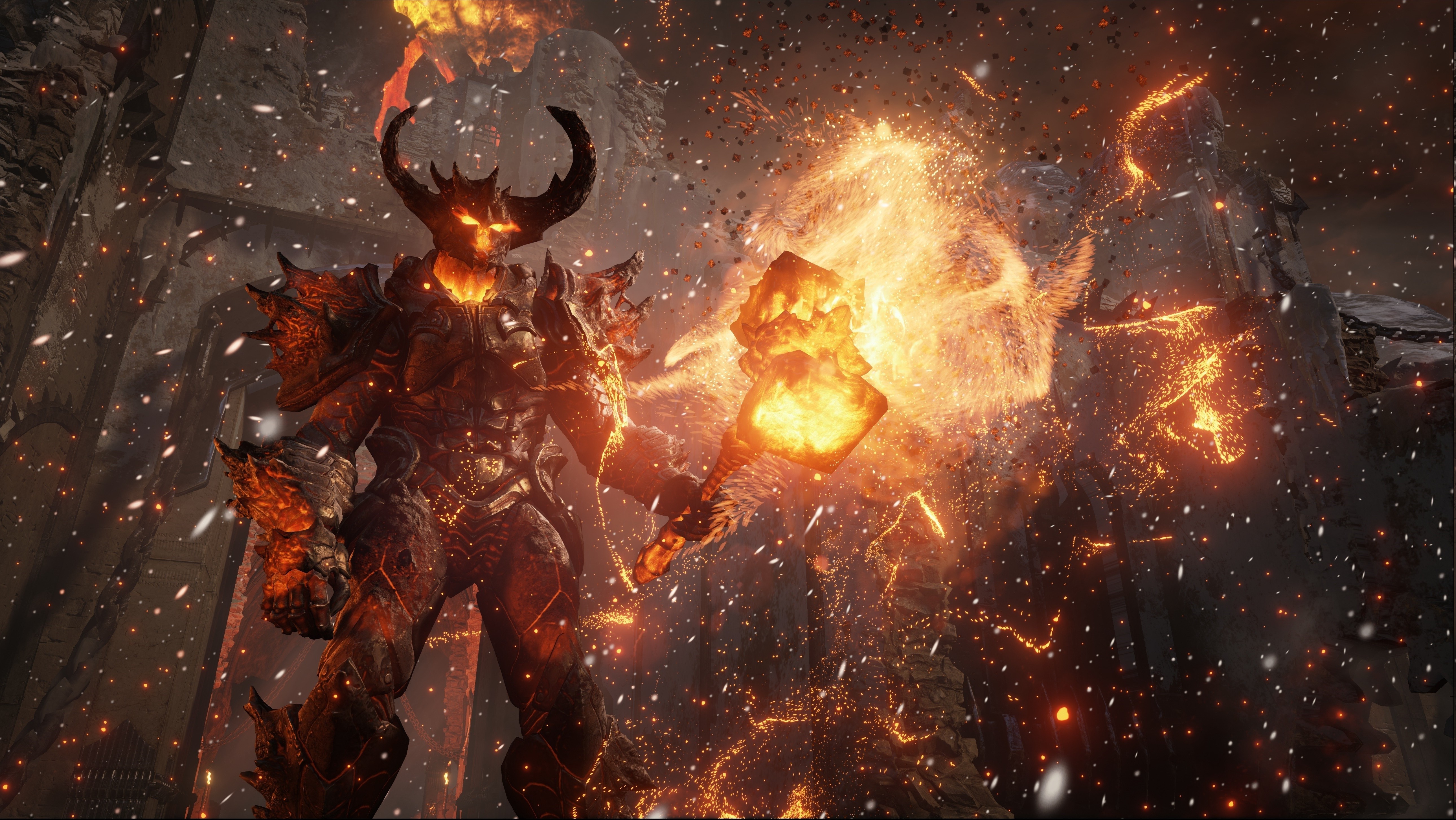 Demon with hammer in fiery fortress HD Wallpaper