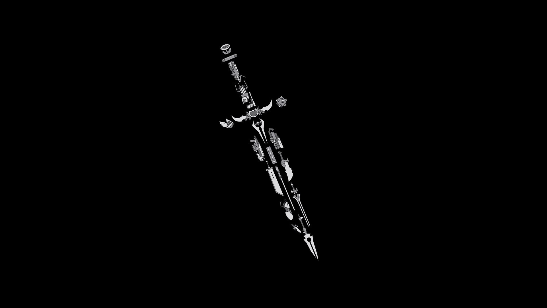 Fantasy sword made of weapons on black background HD Wallpaper