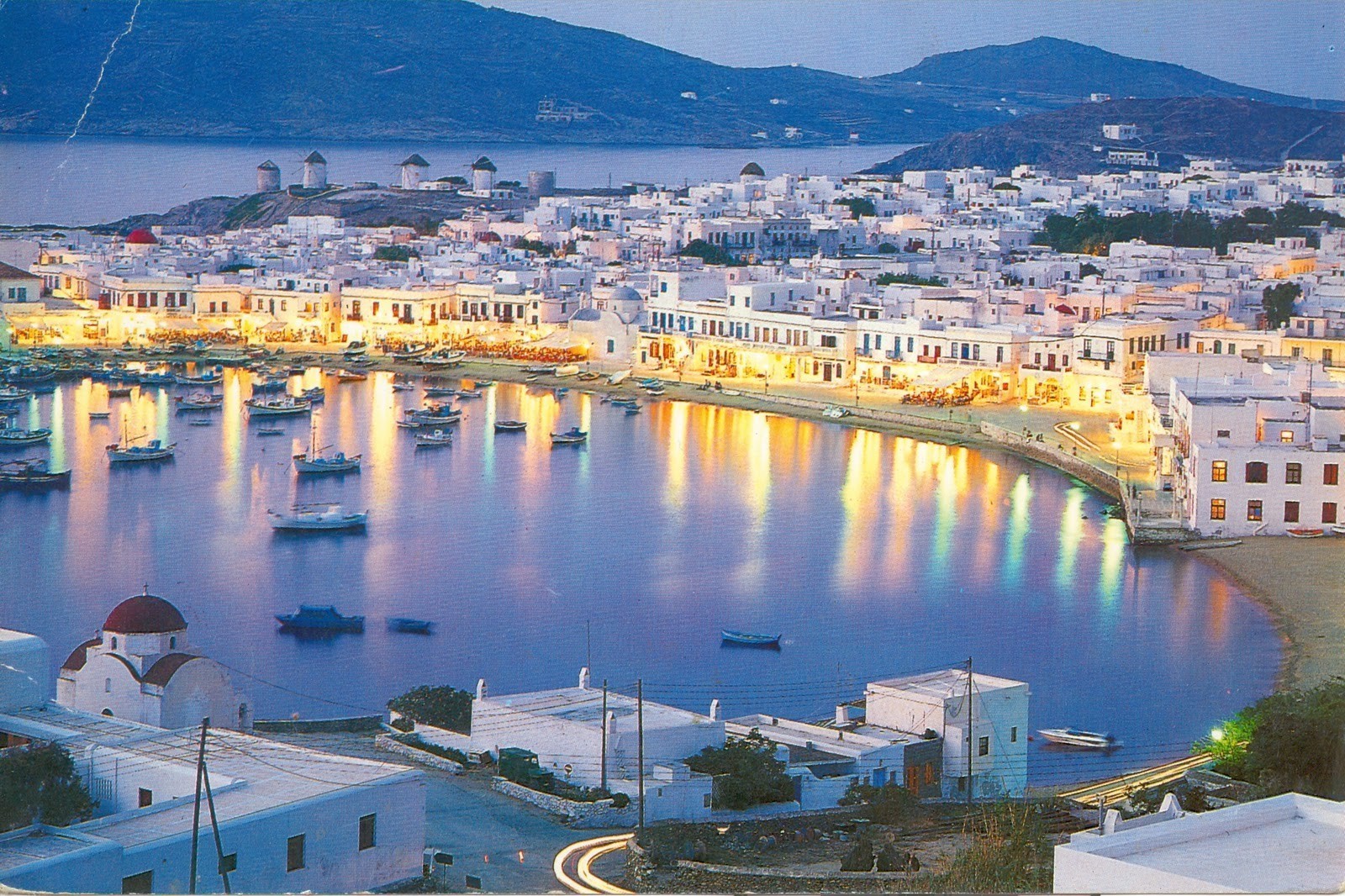 Mykonos, Greece harbor with windmills at dusk HD Wallpaper