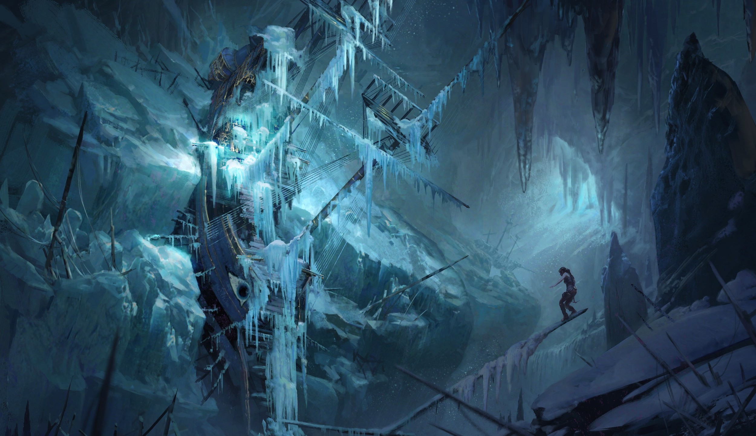 Lara Croft from Rise of the Tomb Raider snowboarding in ice cave HD Wallpaper