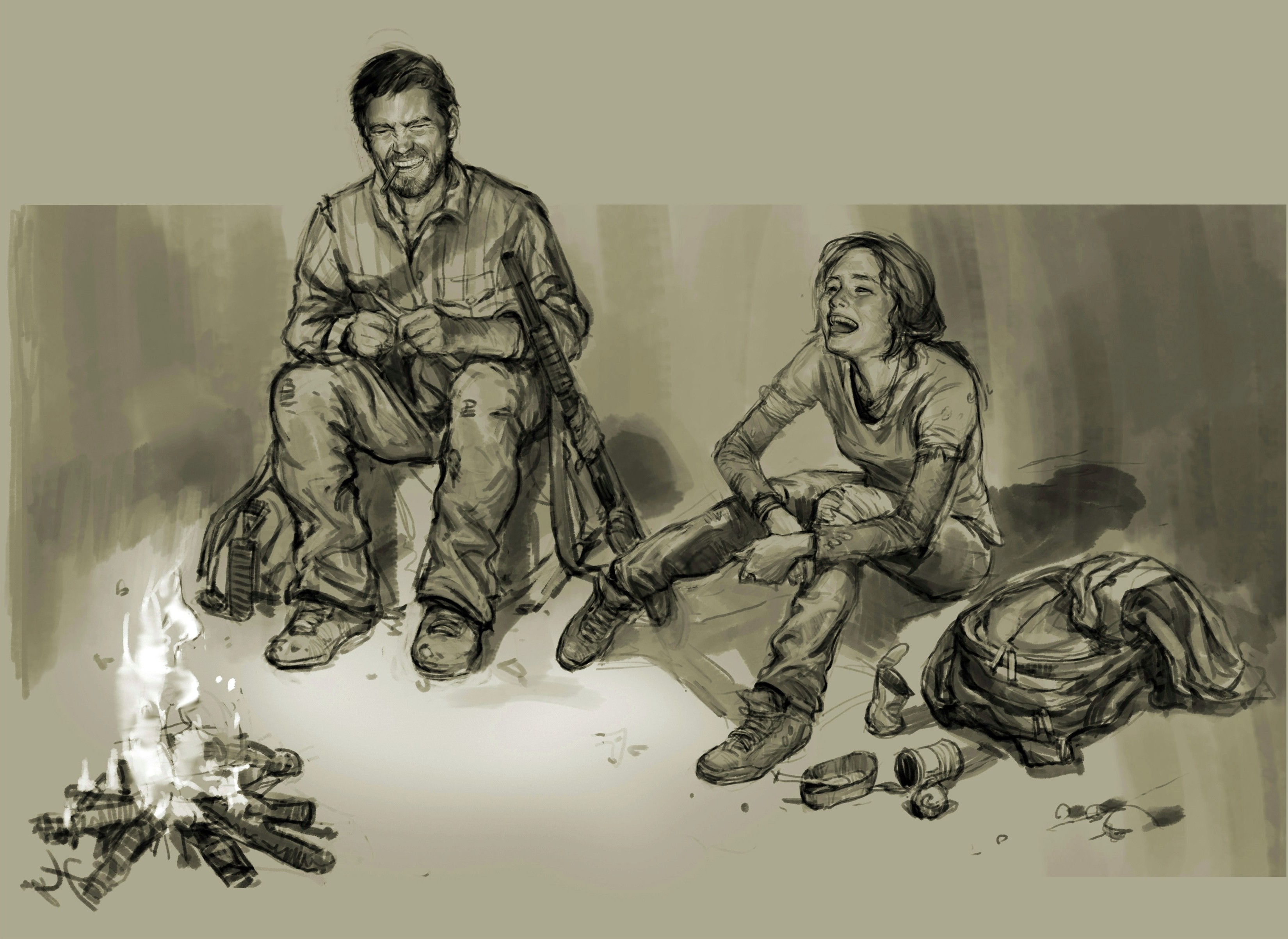 Joel and Ellie from The Last of Us by a campfire HD Wallpaper