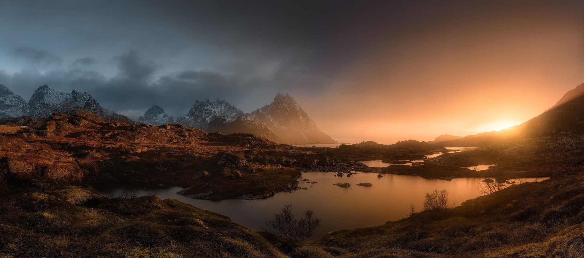 Lofoten Islands Norway sunrise over mountains and pond HD Wallpaper
