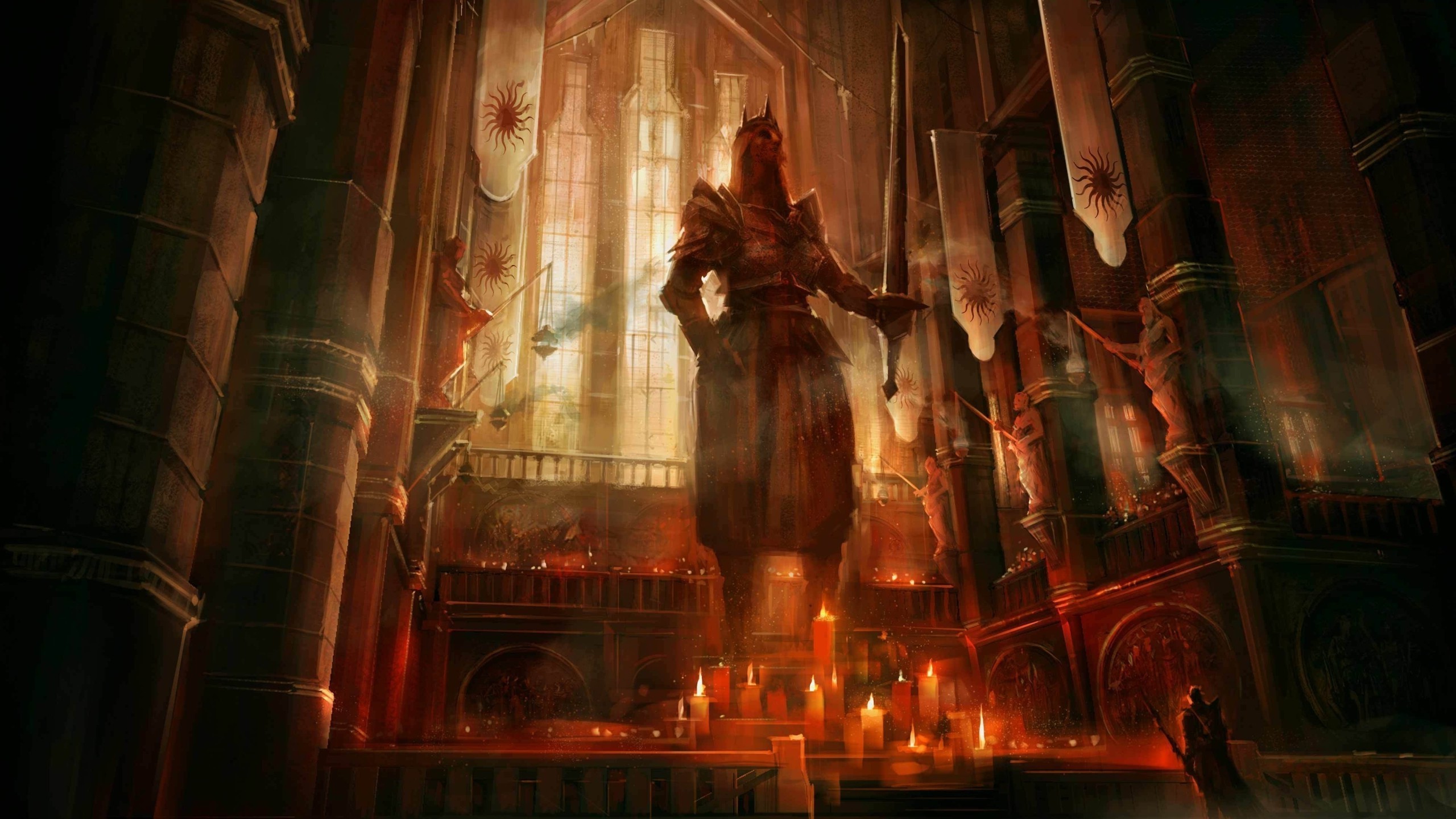 Dragon Age II concept art of a temple with a statue HD Wallpaper