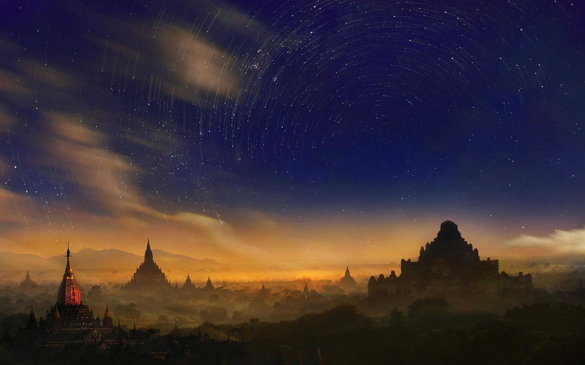 Bagan temples under star trails in Myanmar HD Wallpaper
