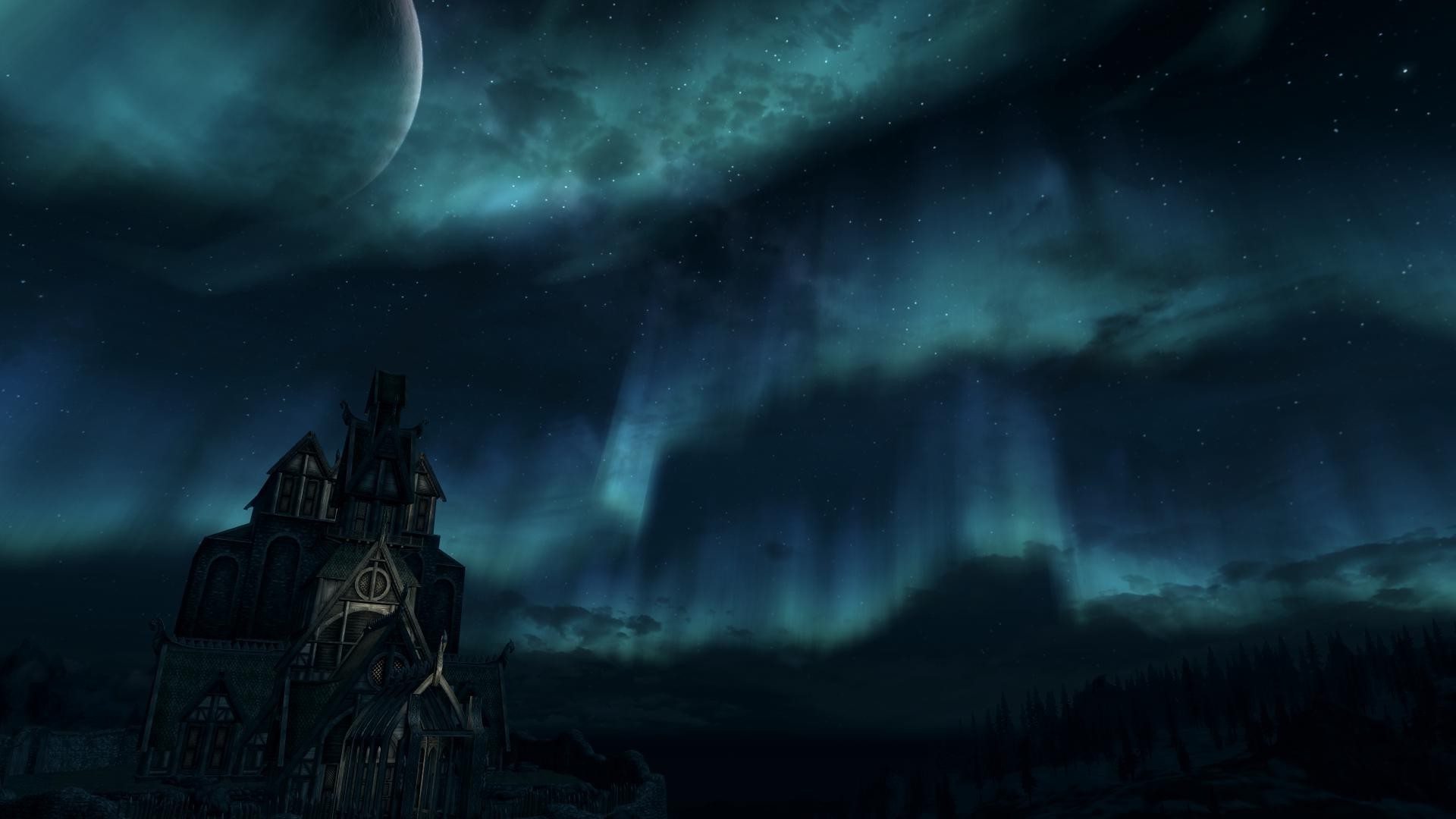 The Elder Scrolls V: Skyrim - Aurora over a dark castle HD Wallpaper
