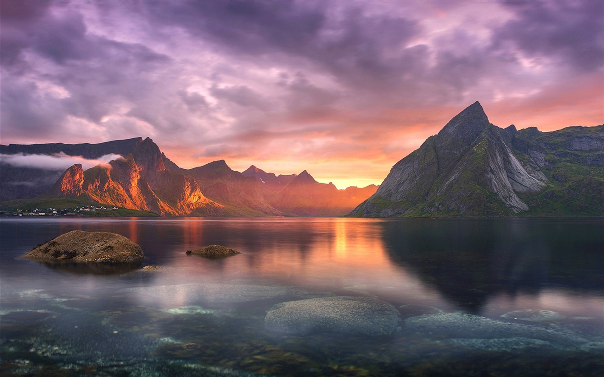 Sunset over mountains and lake in Lofoten HD Wallpaper