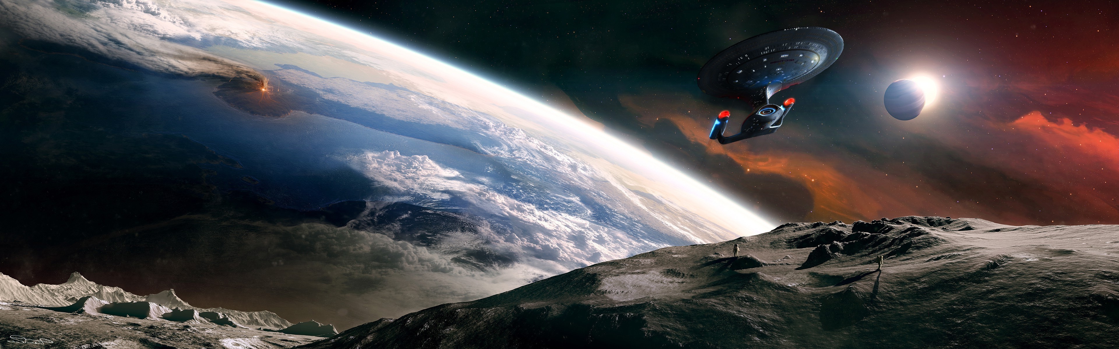 Star Trek spaceship above a planet and moon HD Wallpaper