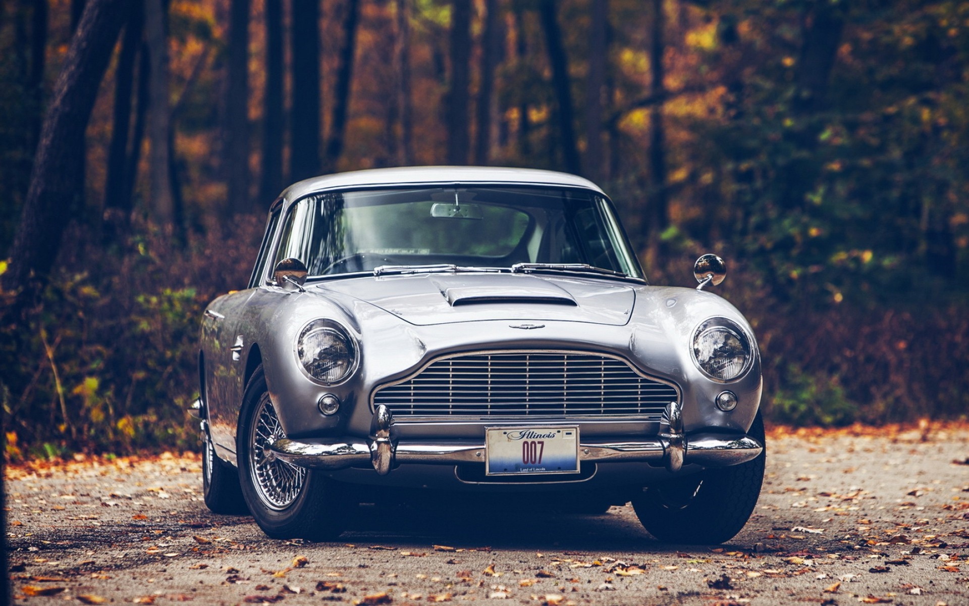 Aston Martin DB5 with 007 license plate in fall forest HD Wallpaper