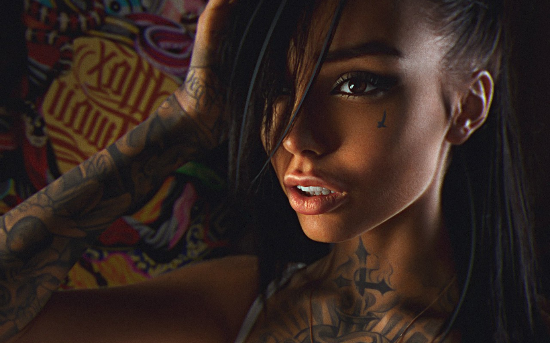 Woman with tattoos and dark hair HD Wallpaper