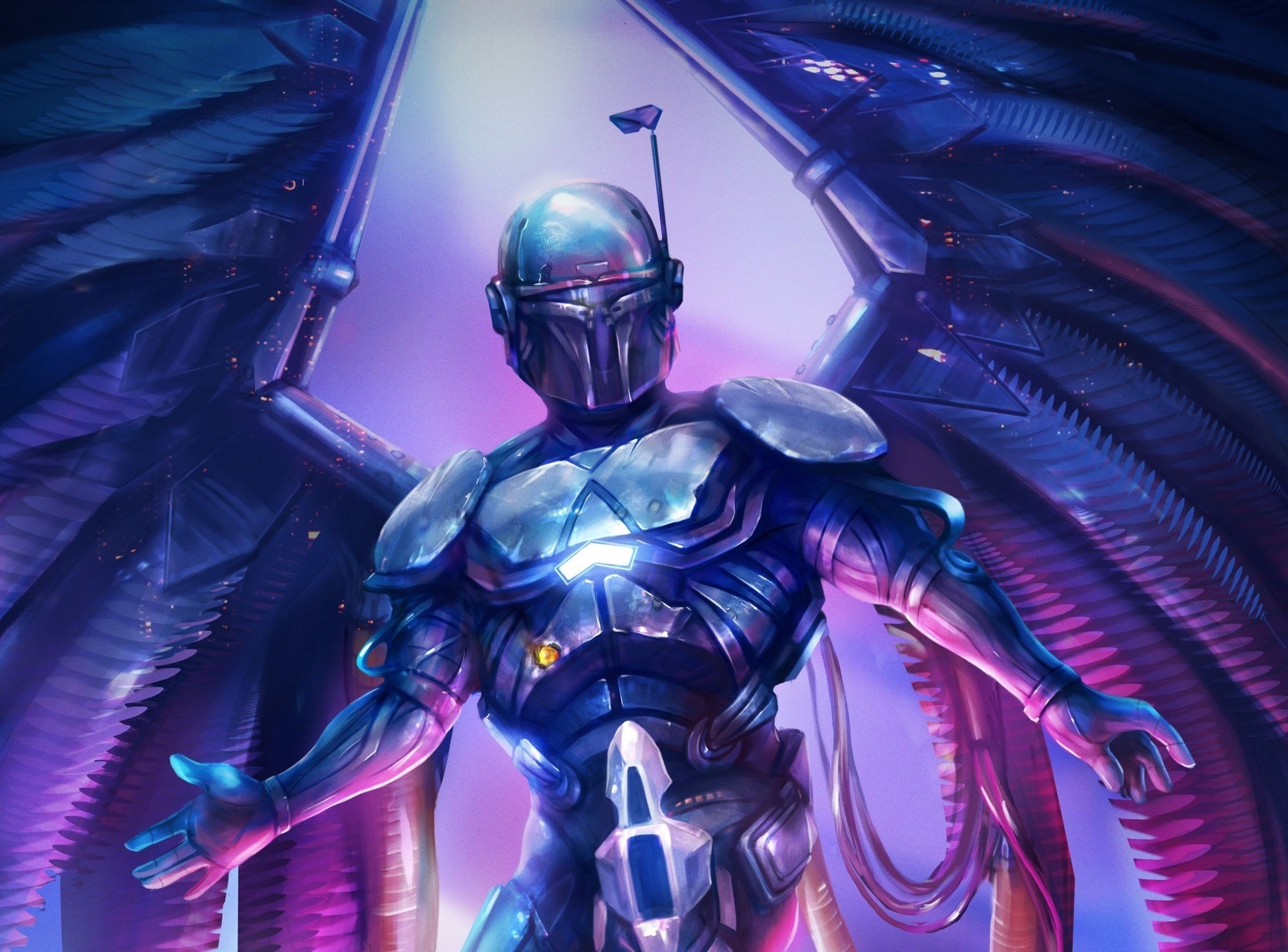 Mandalorian with mechanical wings artwork HD Wallpaper