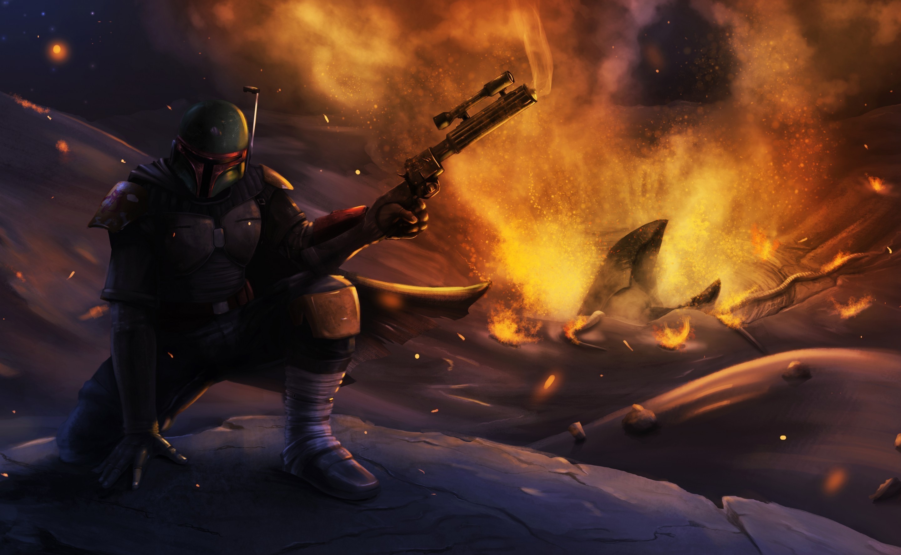 Boba Fett from Star Wars in a fiery landscape HD Wallpaper